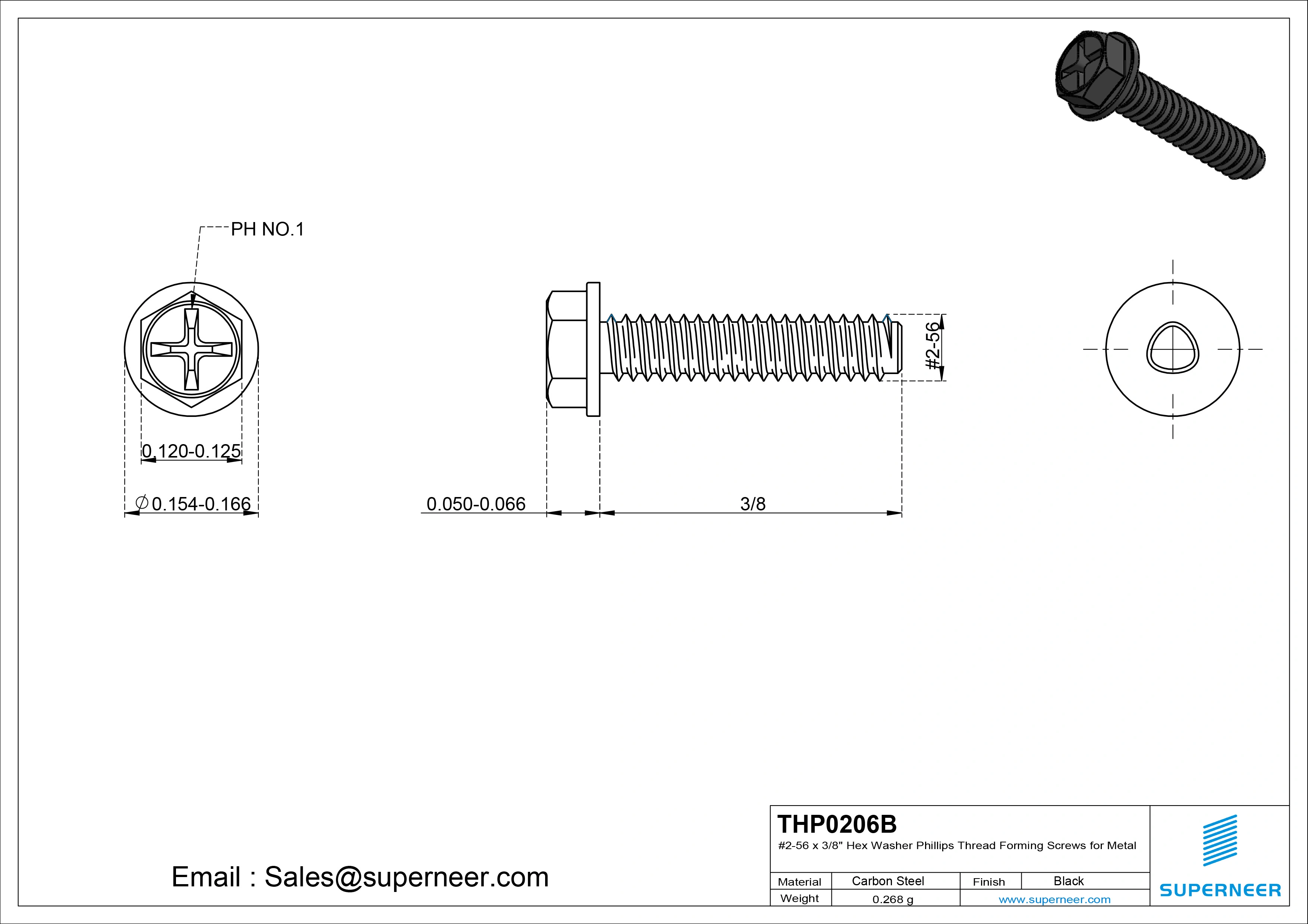 2-56 × 3/8 Hex Washer Phillips Thread Forming  Screws for Metal  Steel Black