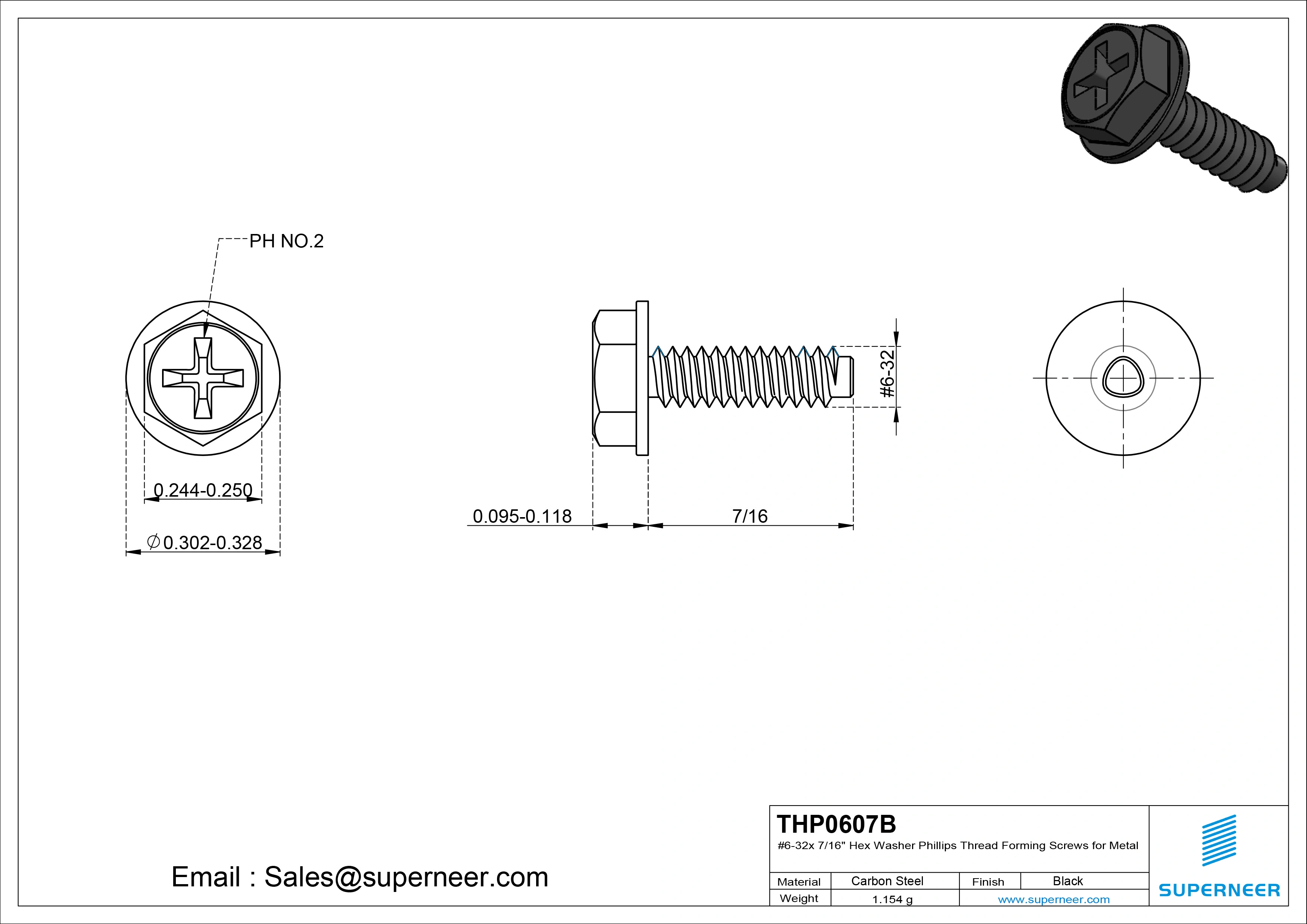 6-32 × 7/16 Hex Washer Phillips Thread Forming  Screws for Metal  Steel Black