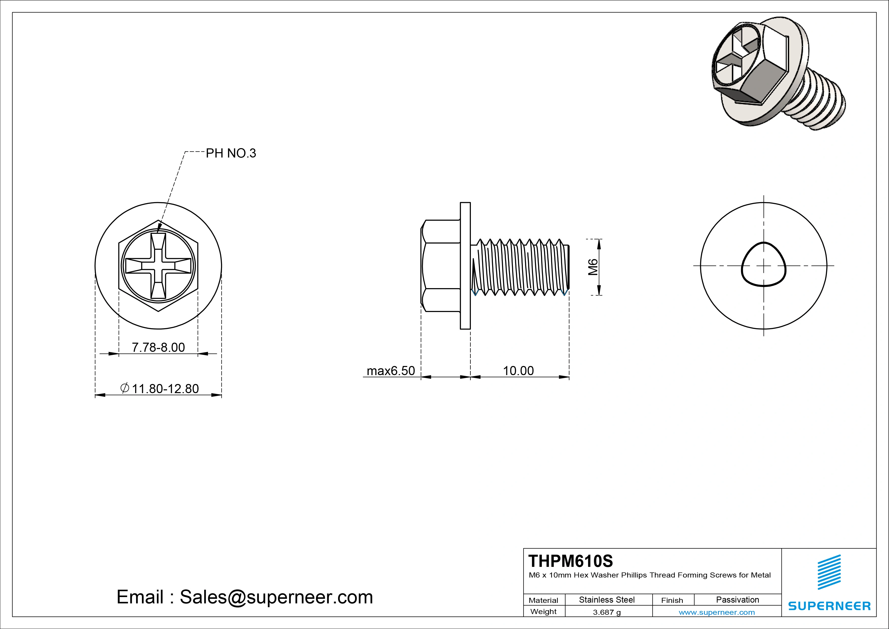 M6 × 10mm Indented Hex Washer Phillips Thread Forming Screws for Metal SUS304 Stainless Steel Inox