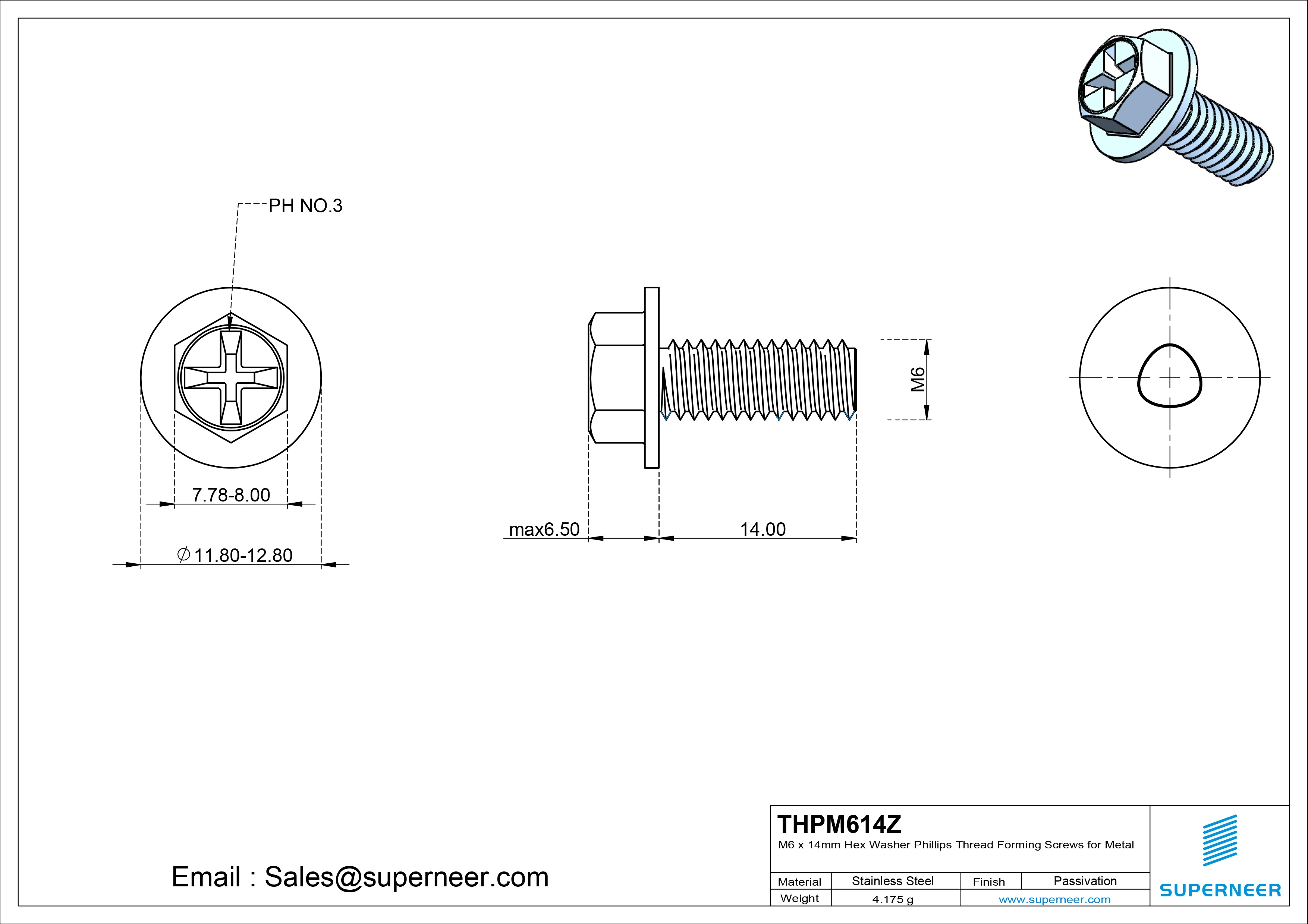 M6 × 14mm Indented Hex Washer Phillips Thread Forming Screws for Metal Steel Blue Zinc Plated