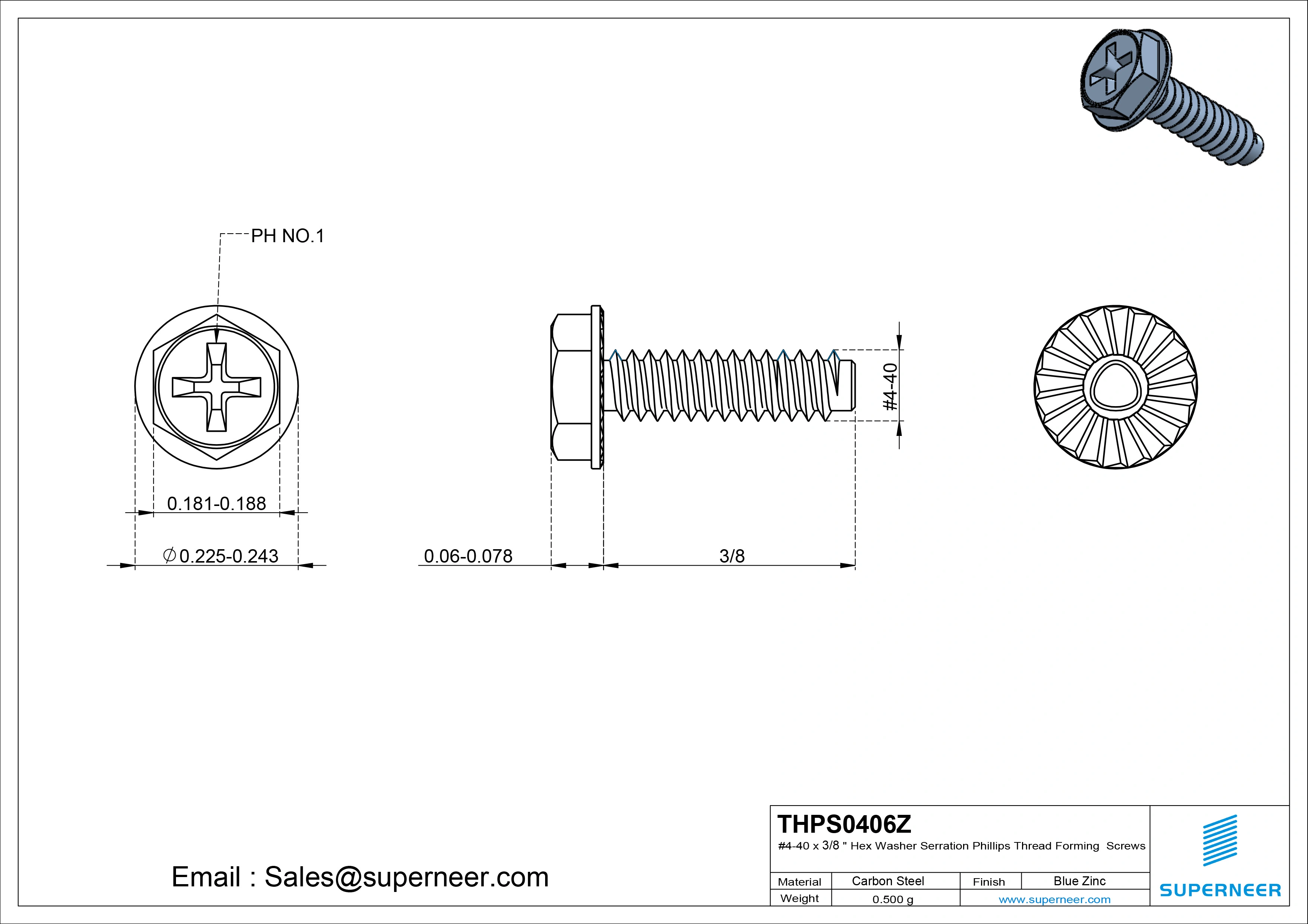 4-40 × 3/8 Hex Washer Serration Phillips Thread Forming  Screws for Metal  Steel Blue Zinc Plated