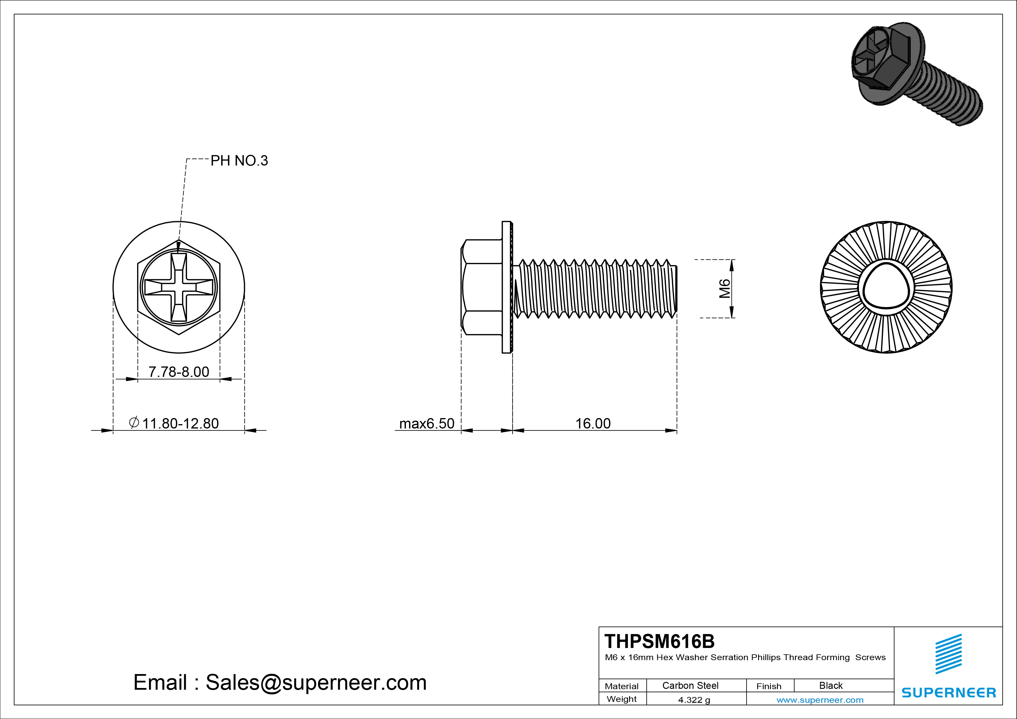 M6 × 16mm Indented Hex Washer Serrattion Phillips Thread Forming Screws for Metal Steel Black
