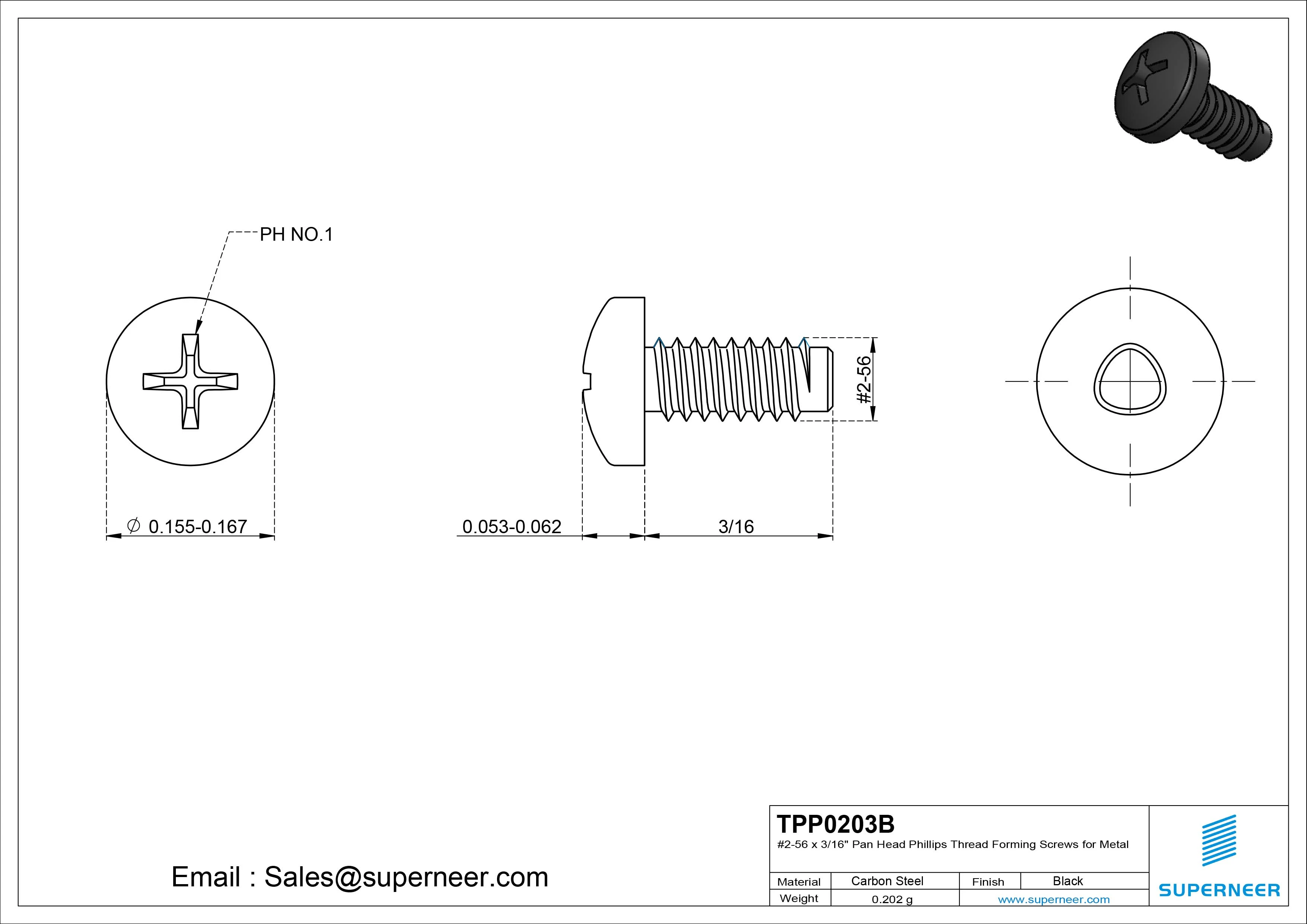 2-56 × 3/16 Pan Head Phillips Thread Forming Screws for Metal Steel Black