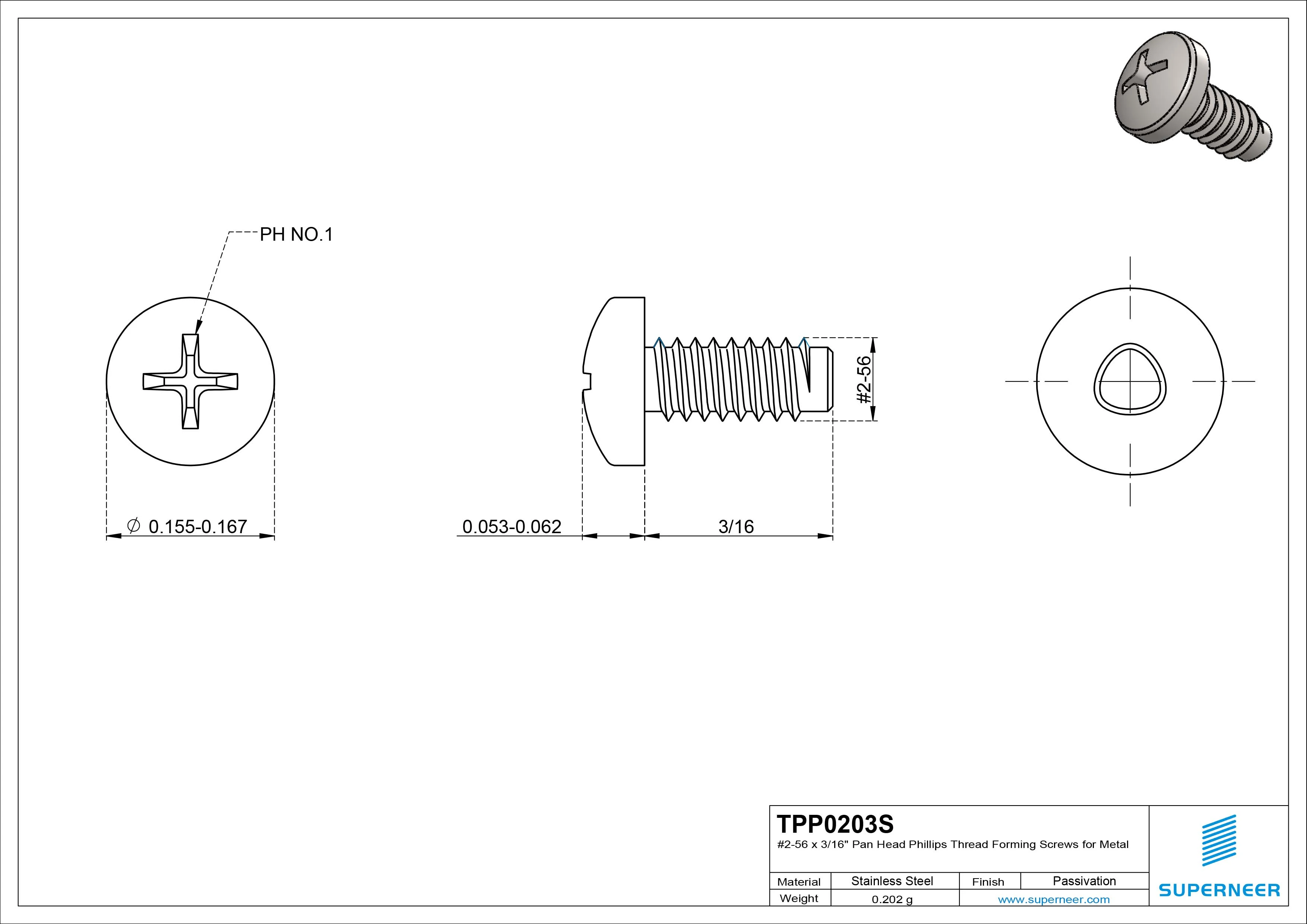 2-56 × 3/16 Pan Head Phillips Thread Forming Screws for Metal SUS304 Stainless Steel Inox