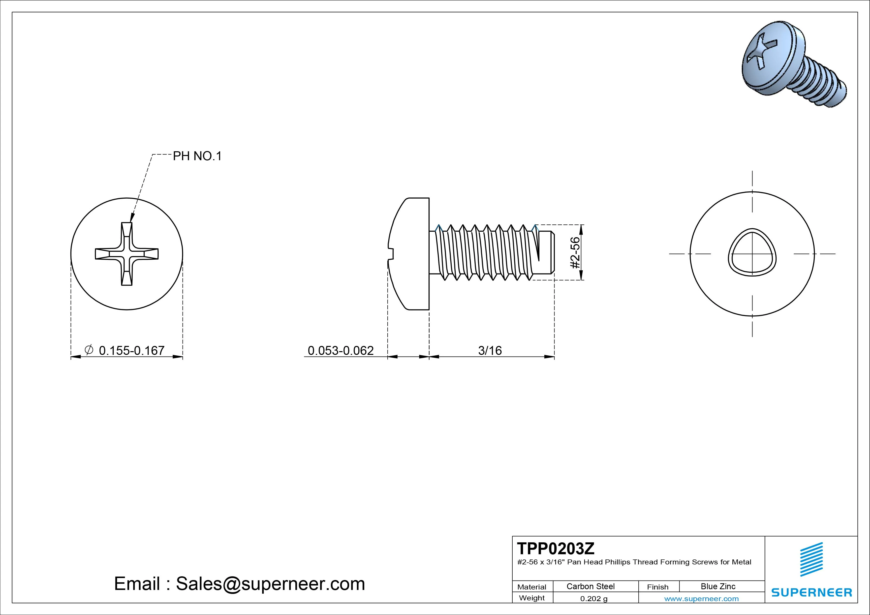 2-56 × 3/16 Pan Head Phillips Thread Forming Screws for Metal Steel Blue Zinc Plated
