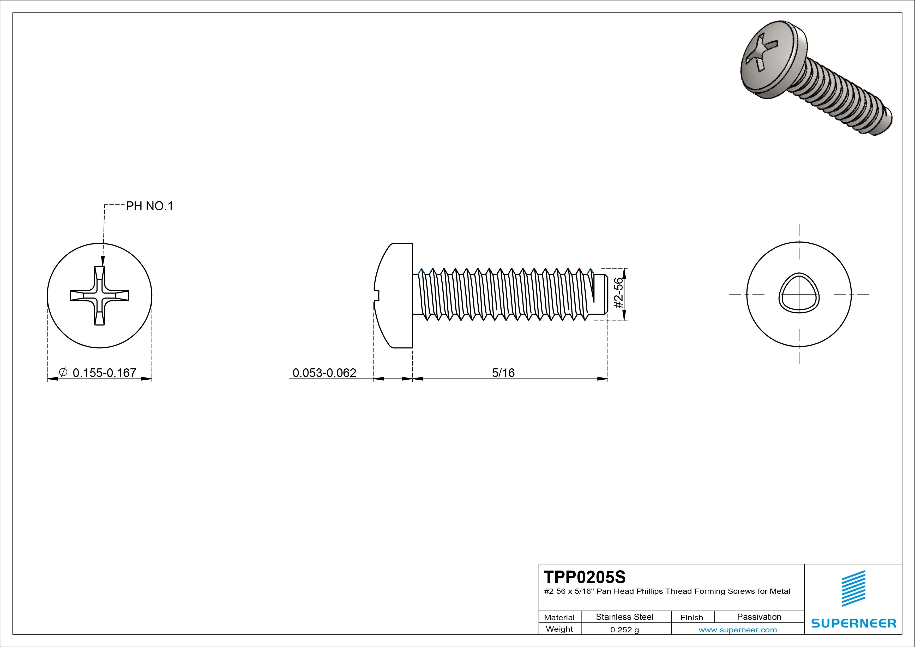 2-56 × 5/16 Pan Head Phillips Thread Forming Screws for Metal SUS304 Stainless Steel Inox