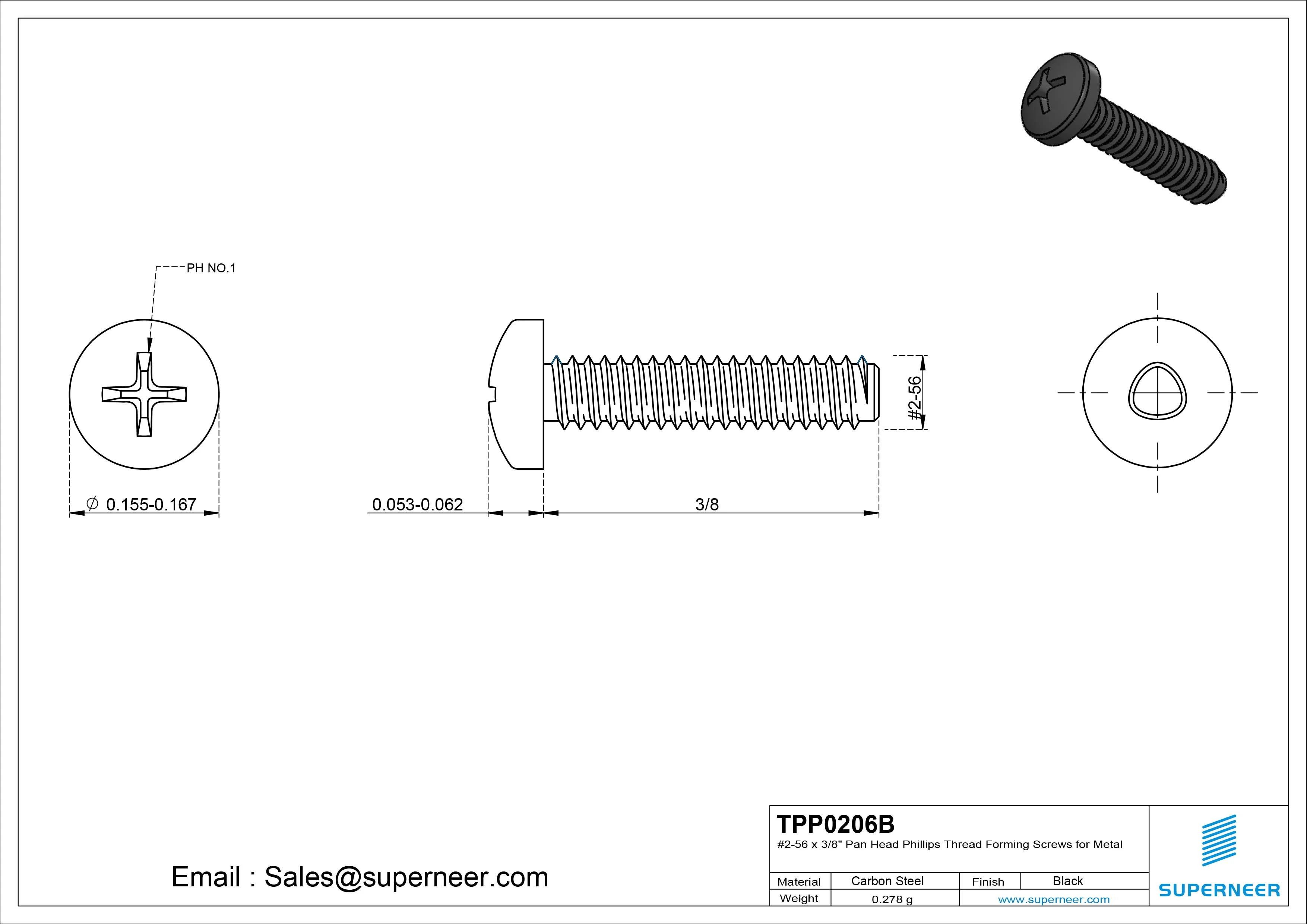 2-56 × 3/8 Pan Head Phillips Thread Forming Screws for Metal Steel Black