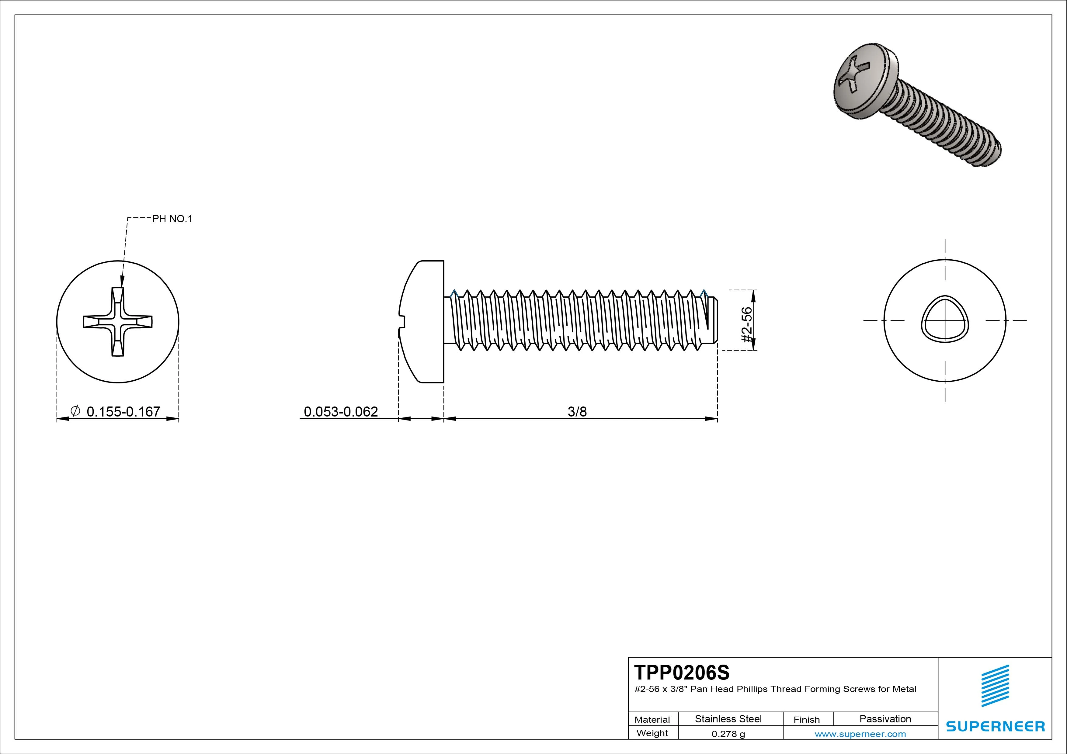 2-56 × 3/8 Pan Head Phillips Thread Forming Screws for Metal SUS304 Stainless Steel Inox