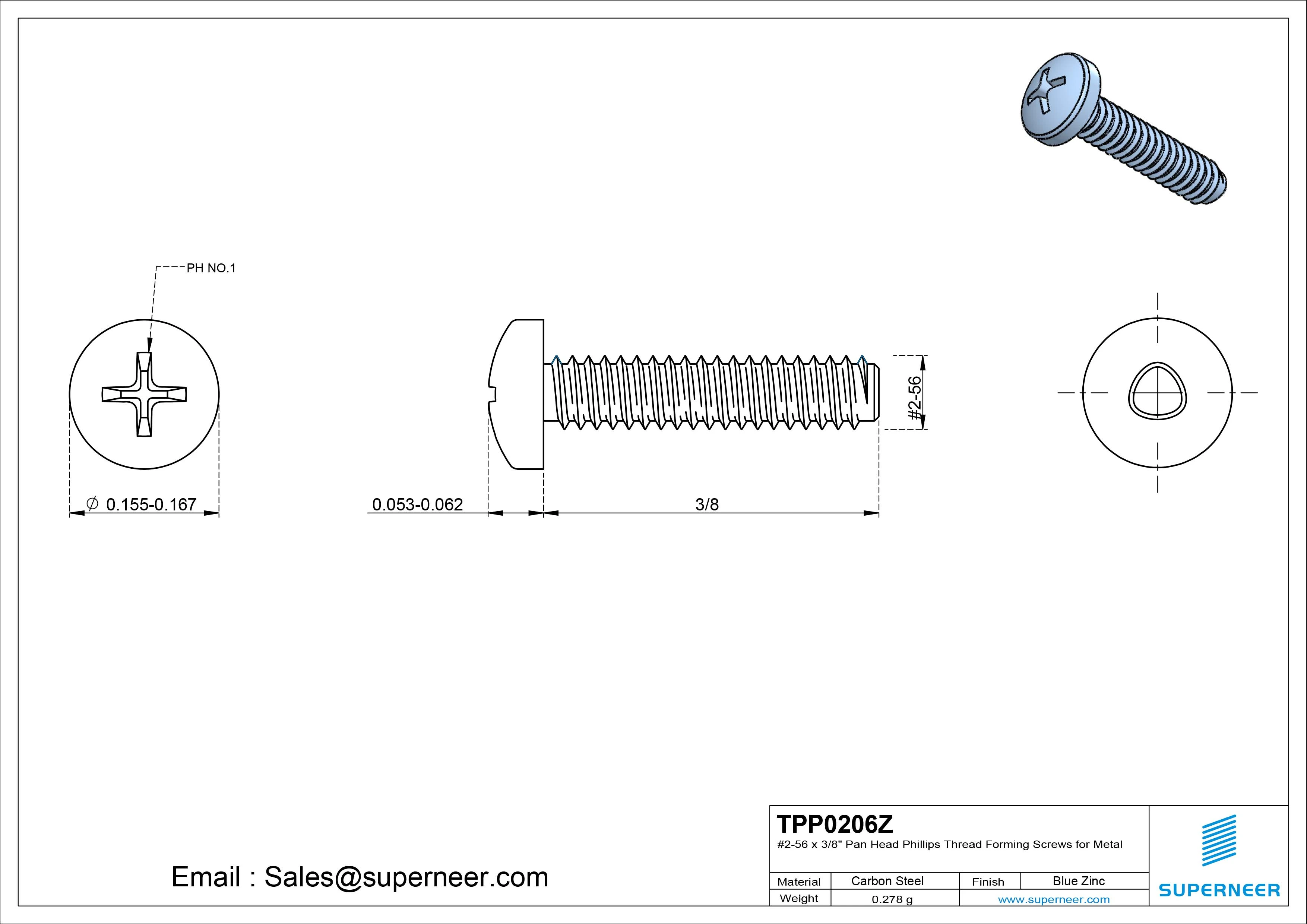 2-56 × 3/8 Pan Head Phillips Thread Forming Screws for Metal Steel Blue Zinc Plated