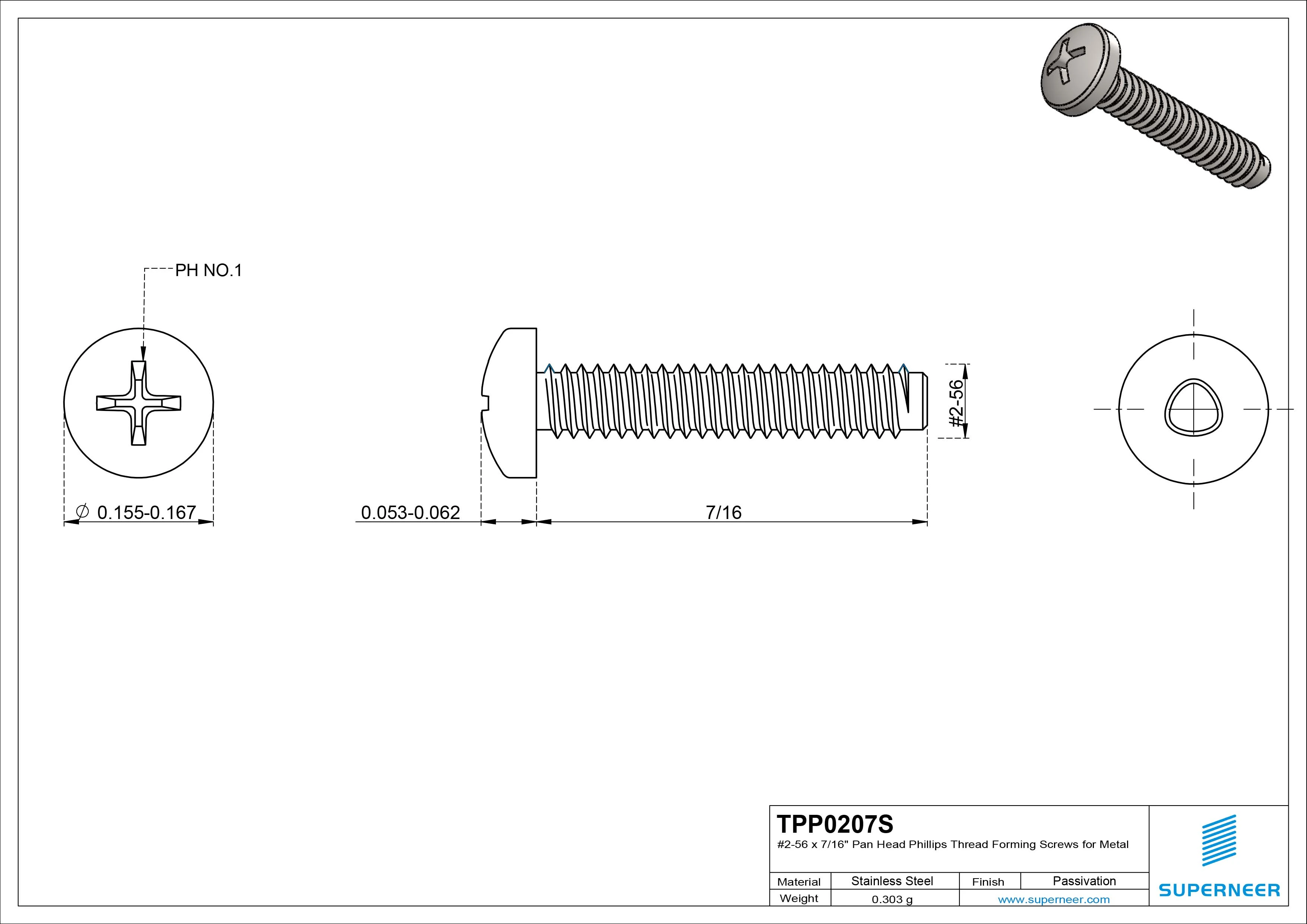 2-56 × 7/16 Pan Head Phillips Thread Forming Screws for Metal SUS304 Stainless Steel Inox