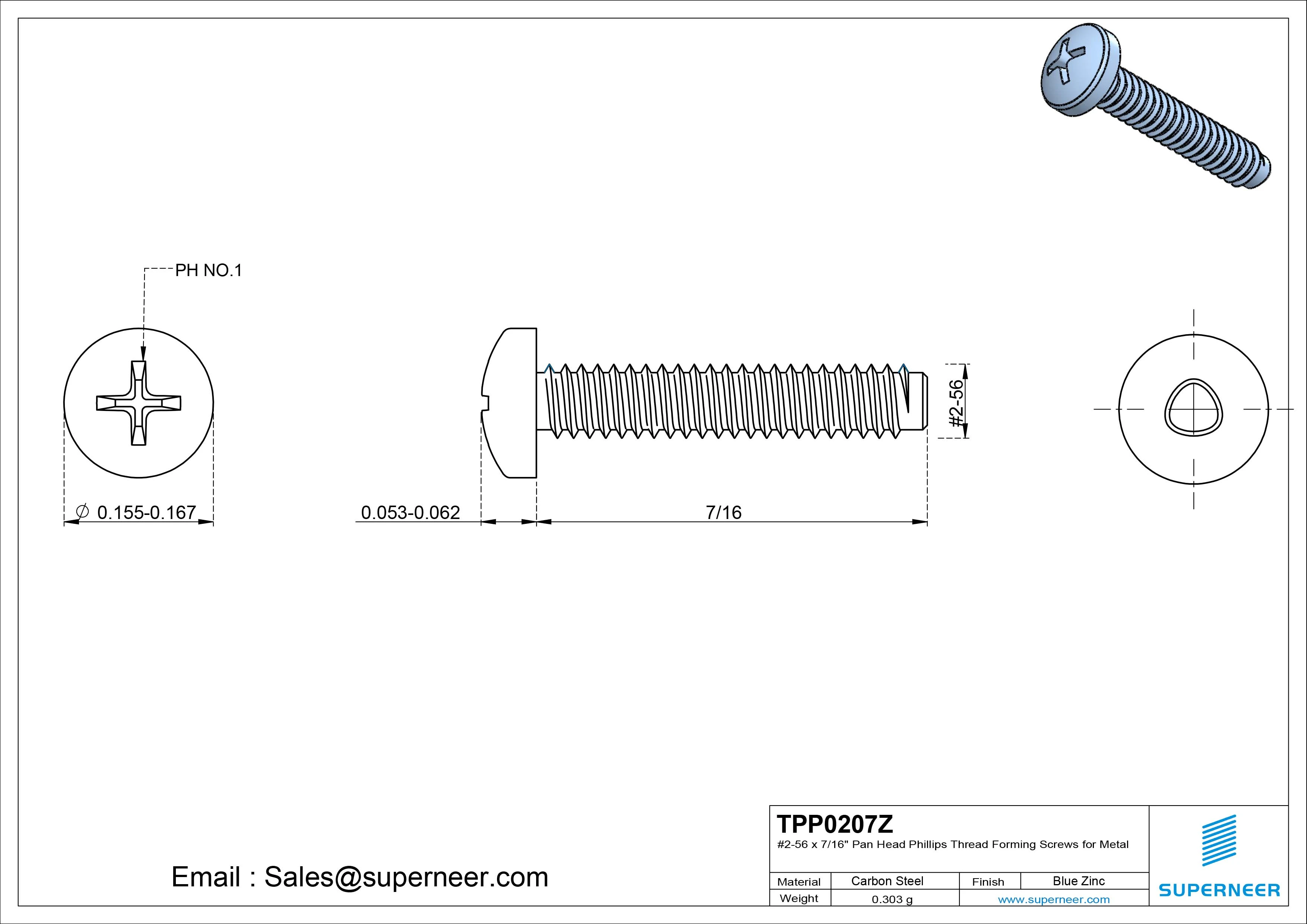 2-56 × 7/16 Pan Head Phillips Thread Forming Screws for Metal Steel Blue Zinc Plated