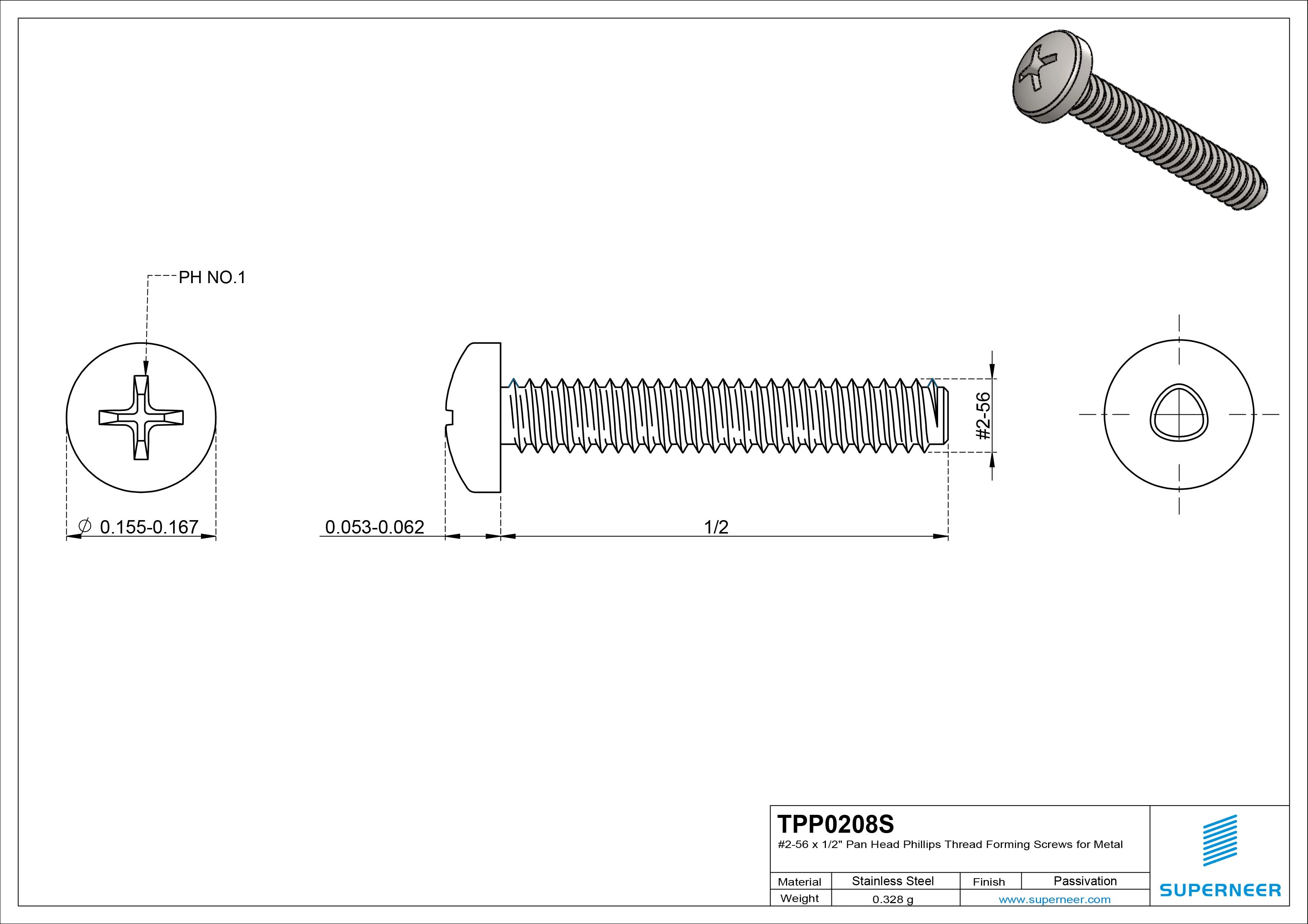 2-56 × 1/2 Pan Head Phillips Thread Forming Screws for Metal SUS304 Stainless Steel Inox