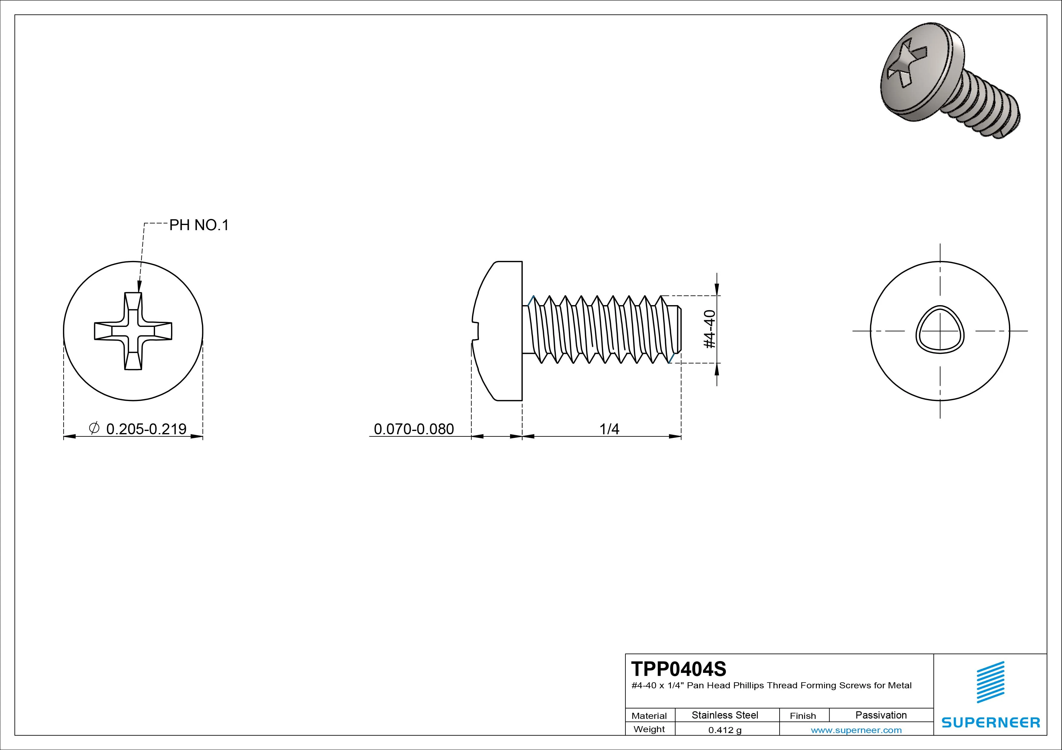 4-40 × 1/4 Pan Head Phillips Thread Forming Screws for Metal SUS304 Stainless Steel Inox