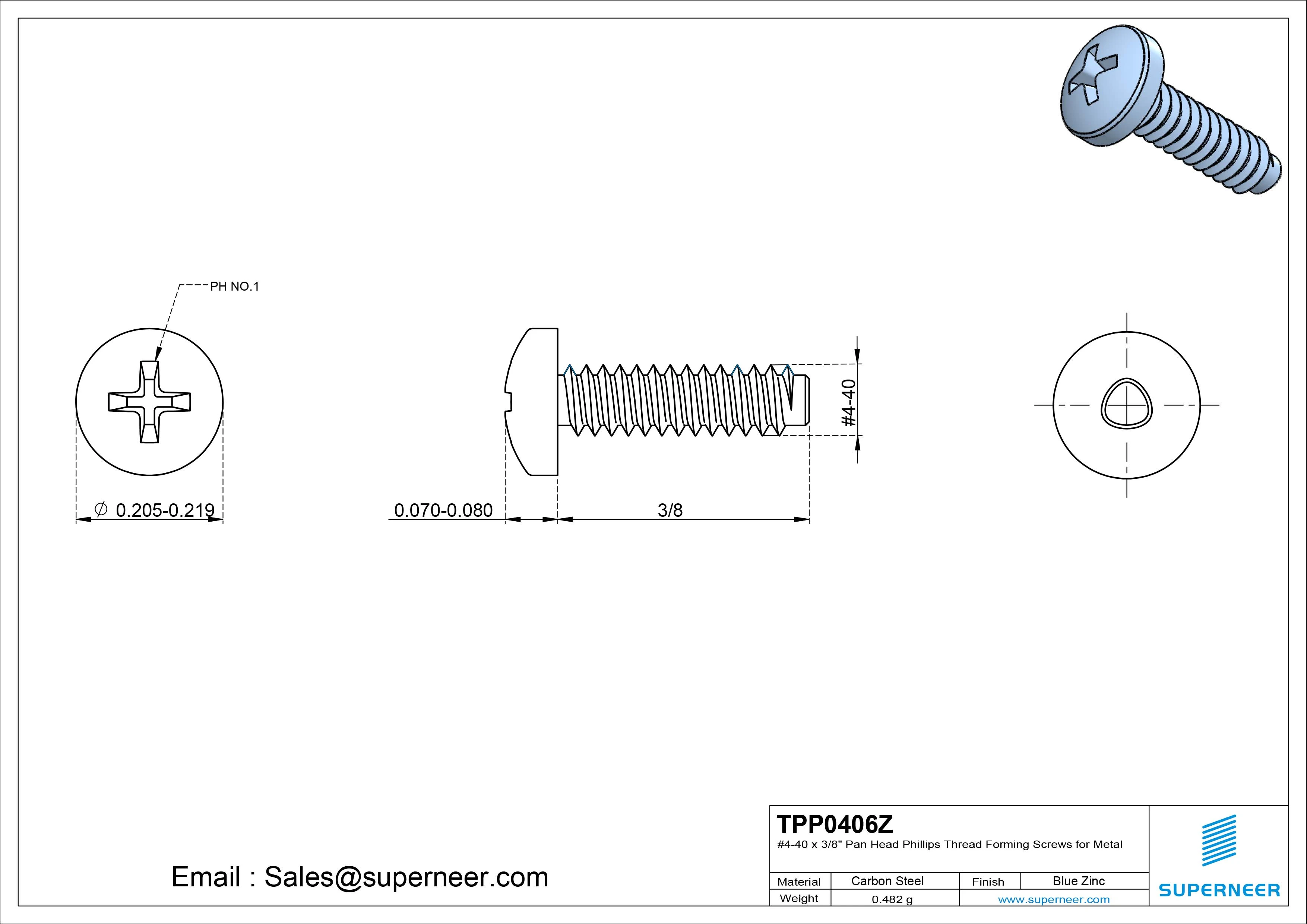 4-40 × 3/8 Pan Head Phillips Thread Forming Screws for Metal Steel Blue Zinc Plated