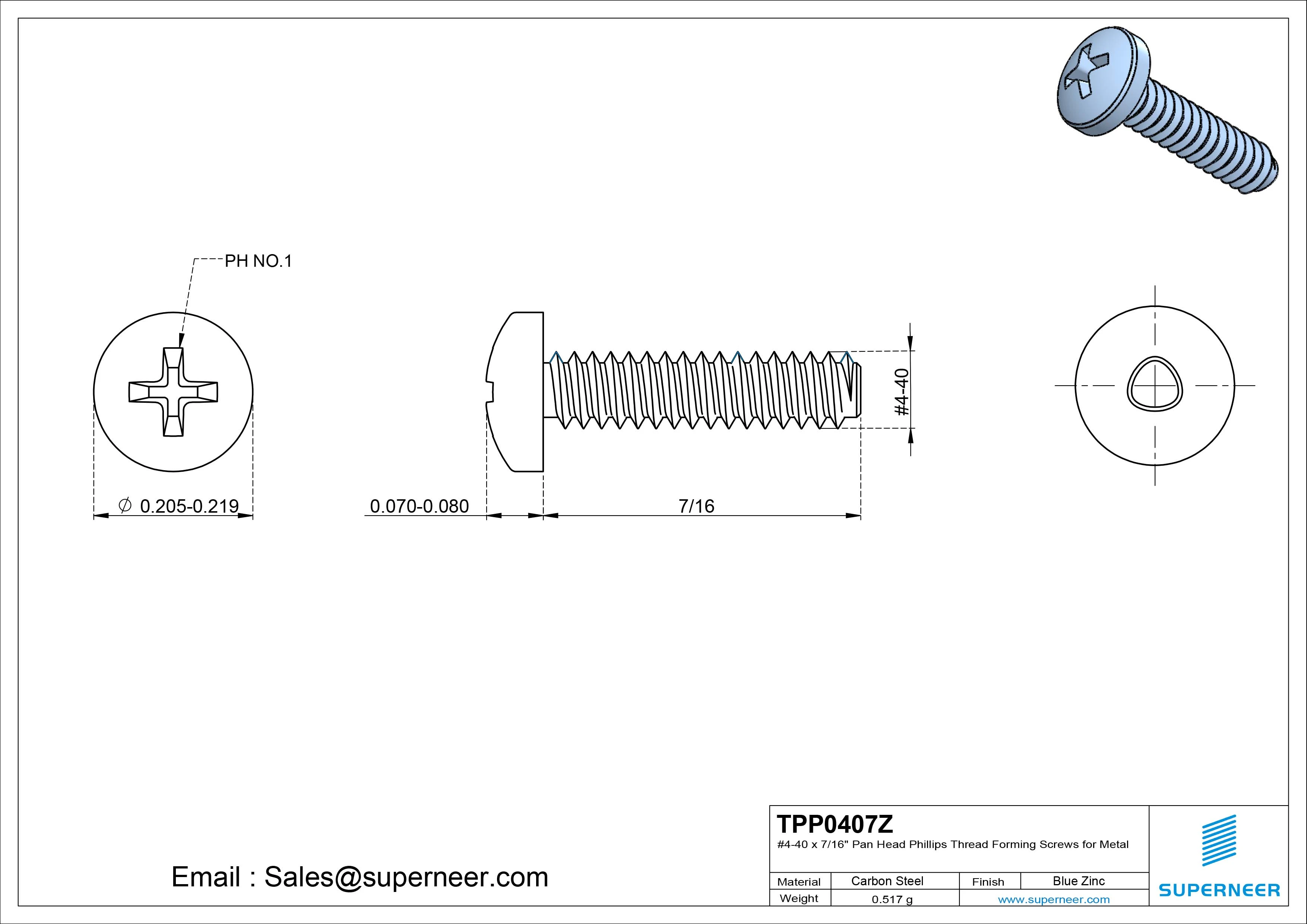4-40 × 7/16 Pan Head Phillips Thread Forming Screws for Metal Steel Blue Zinc Plated