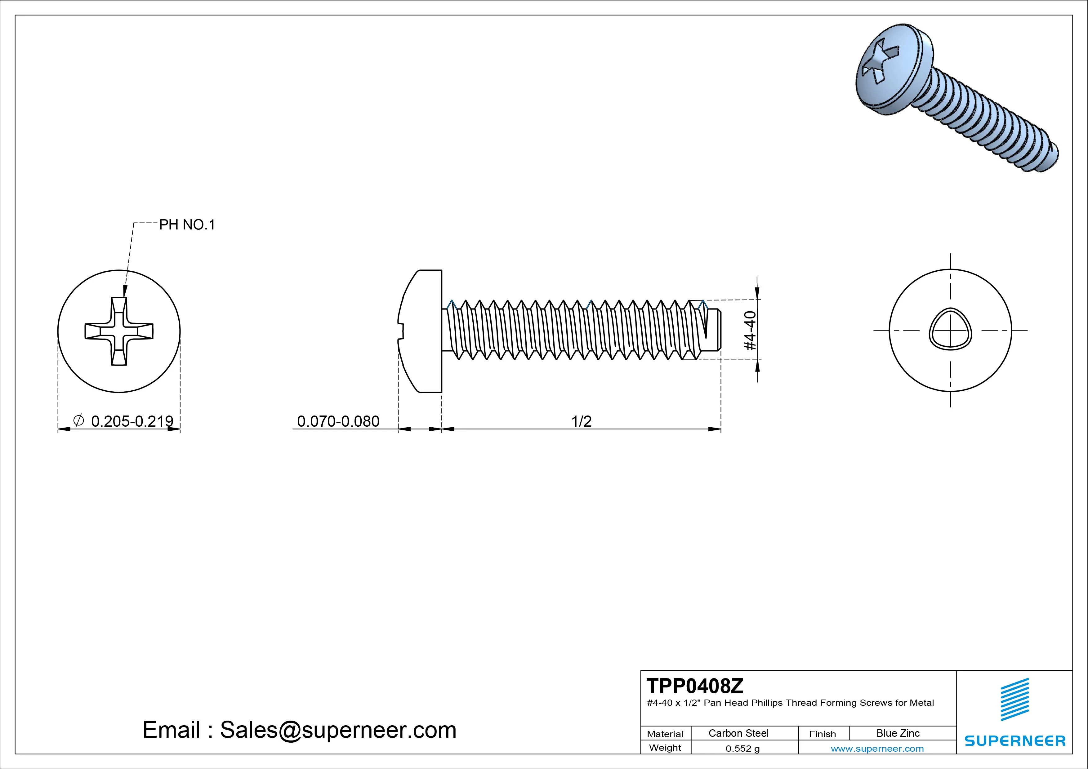 4-40 × 1/2 Pan Head Phillips Thread Forming Screws for Metal Steel Blue Zinc Plated