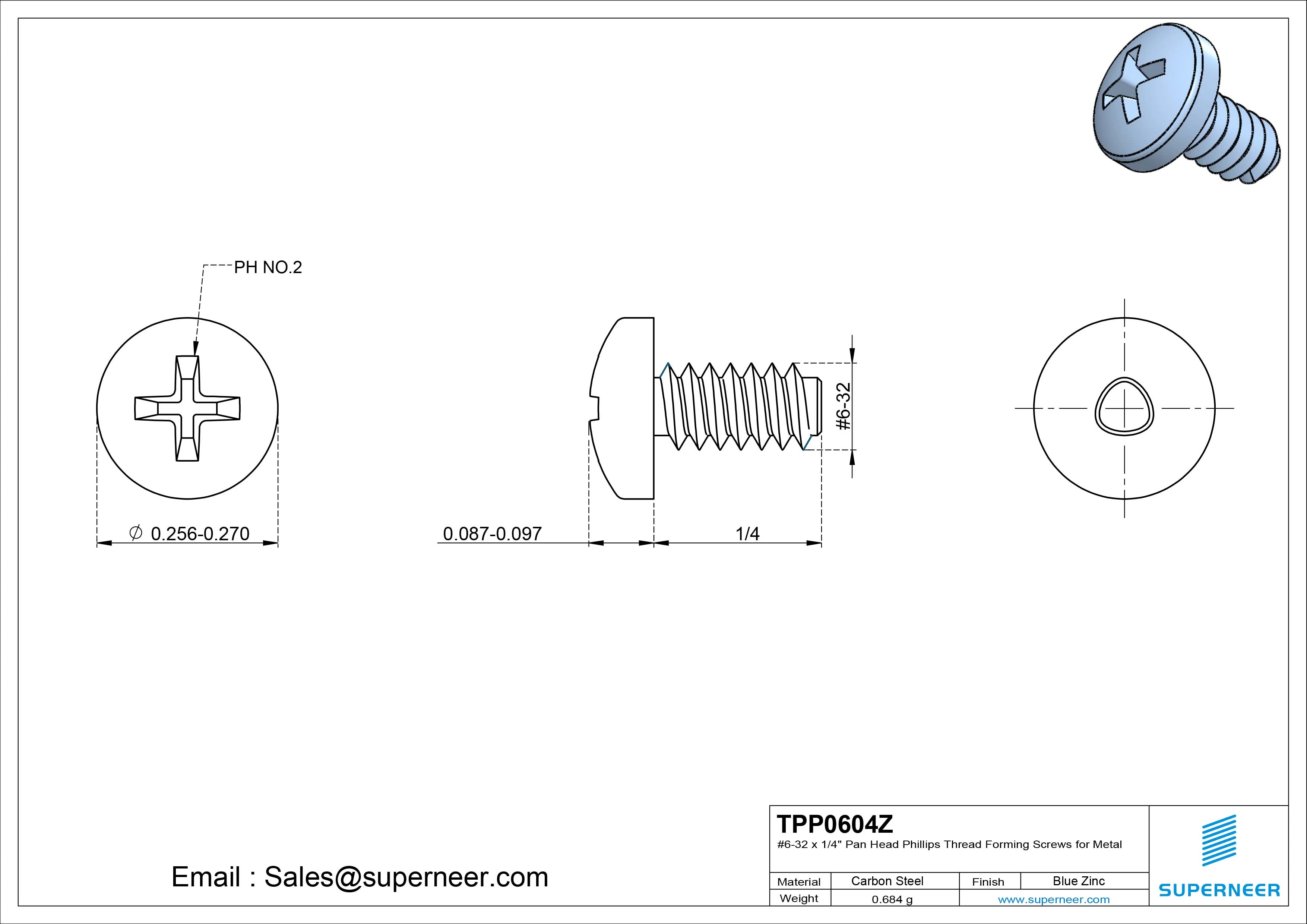 6-32 × 1/4 Pan Head Phillips Thread Forming Screws for Metal Steel Blue Zinc Plated