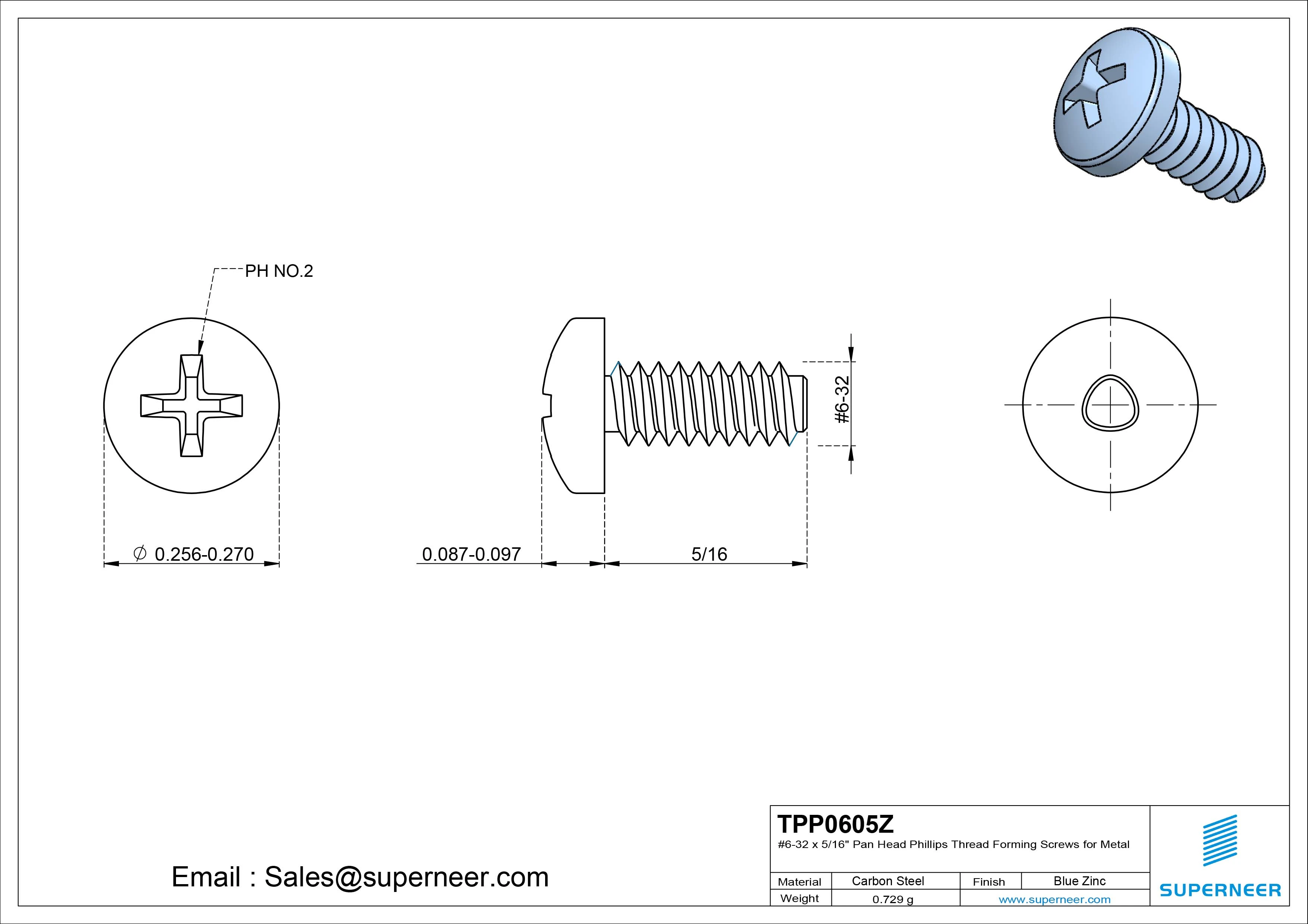 6-32 × 5/16 Pan Head Phillips Thread Forming Screws for Metal Steel Blue Zinc Plated
