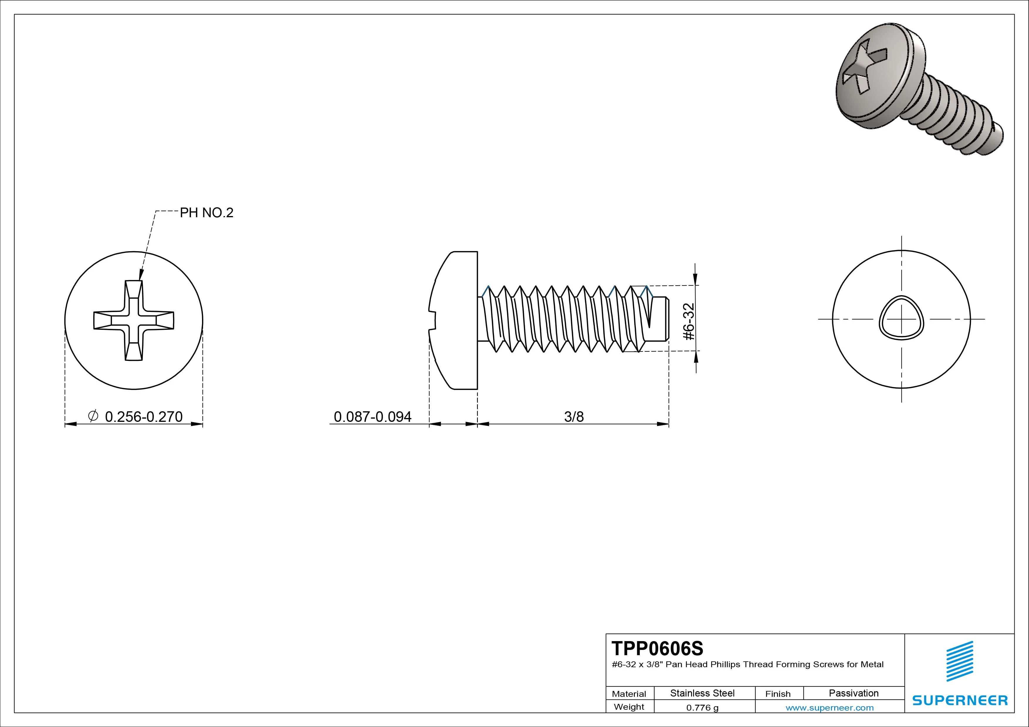 6-32 × 3/8 Pan Head Phillips Thread Forming Screws for Metal SUS304 Stainless Steel Inox