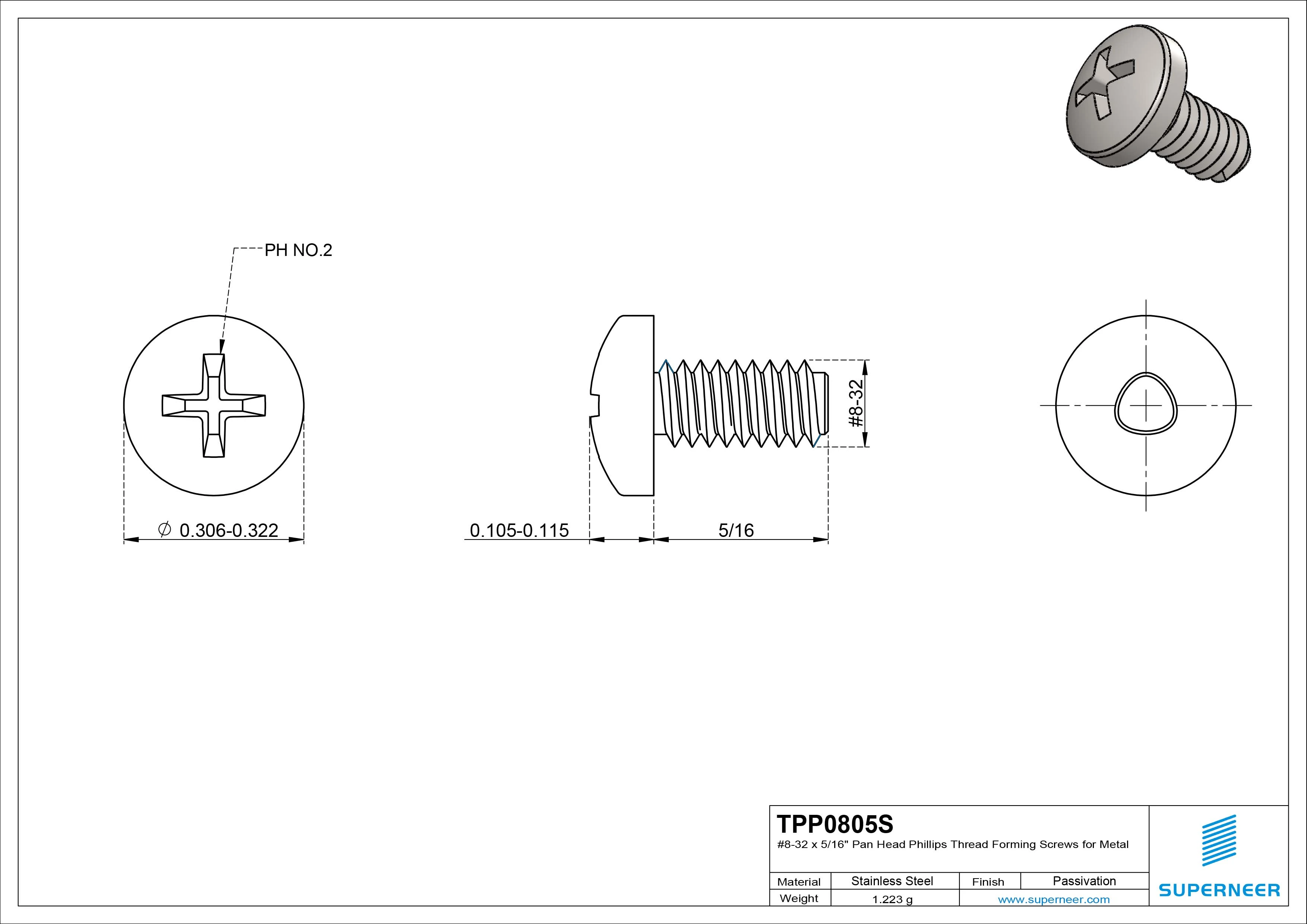 8-32 × 5/16 Pan Head Phillips Thread Forming Screws for Metal SUS304 Stainless Steel Inox