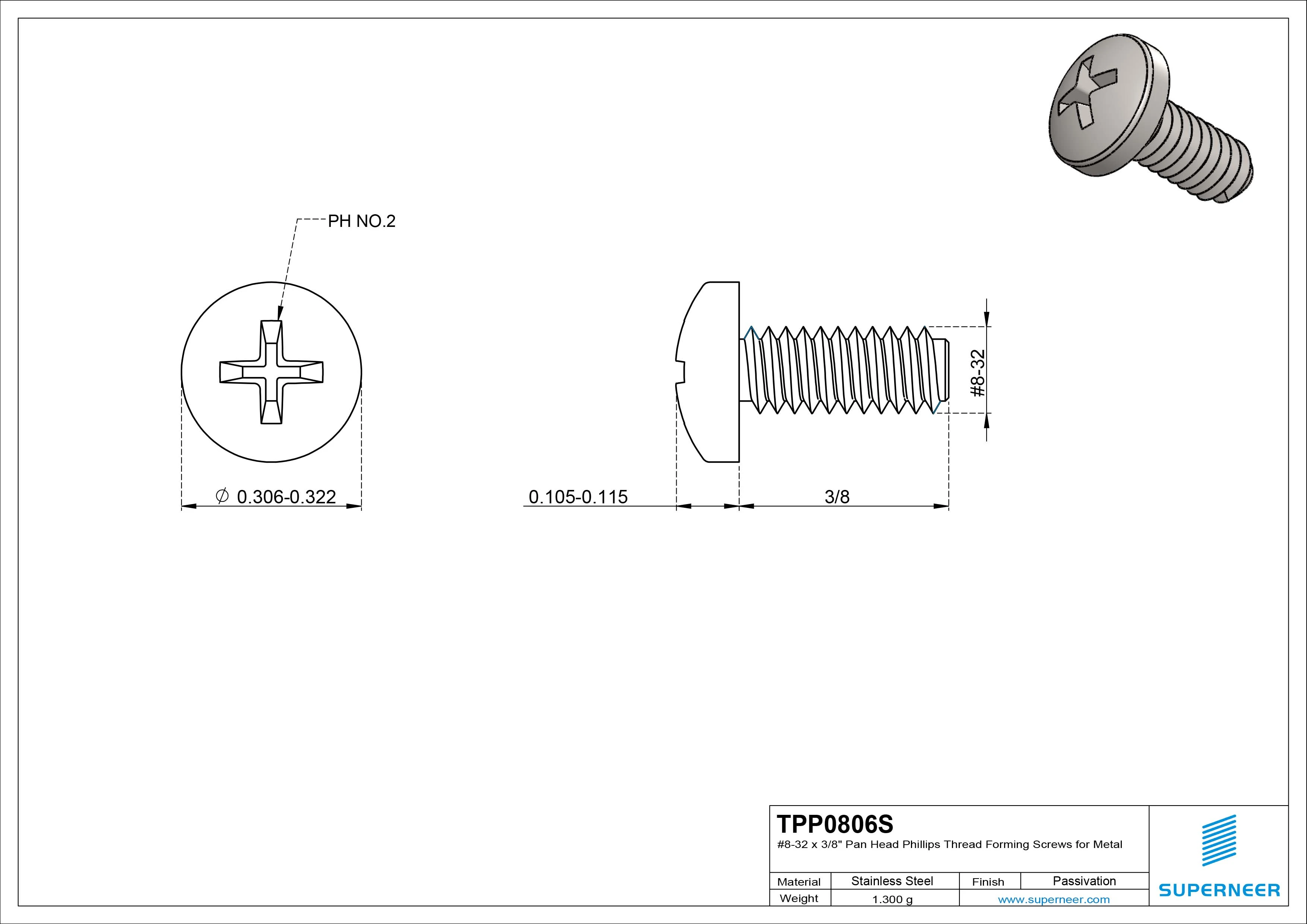 8-32 × 3/8 Pan Head Phillips Thread Forming Screws for Metal SUS304 Stainless Steel Inox