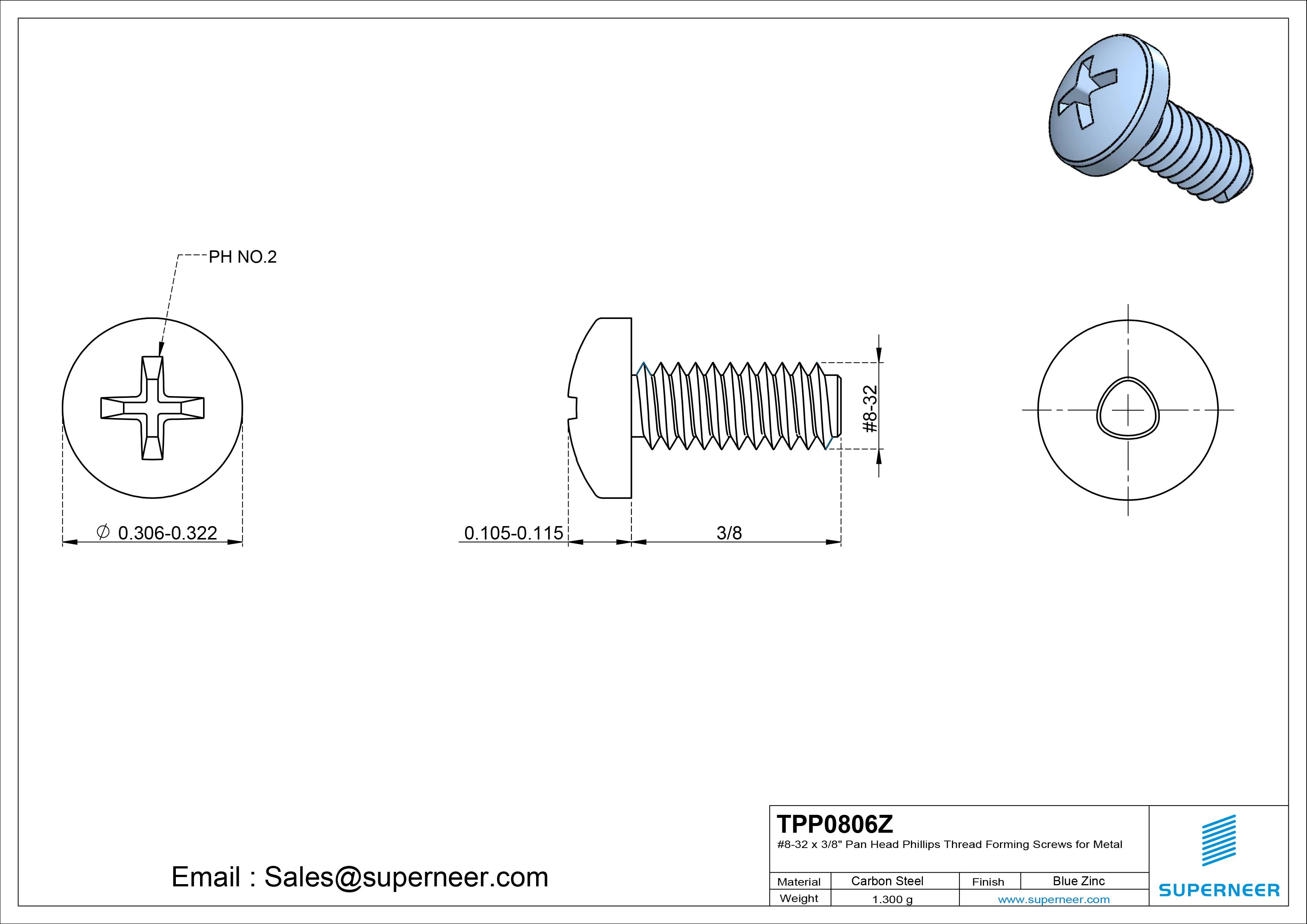 8-32 × 3/8 Pan Head Phillips Thread Forming Screws for Metal Steel Blue Zinc Plated