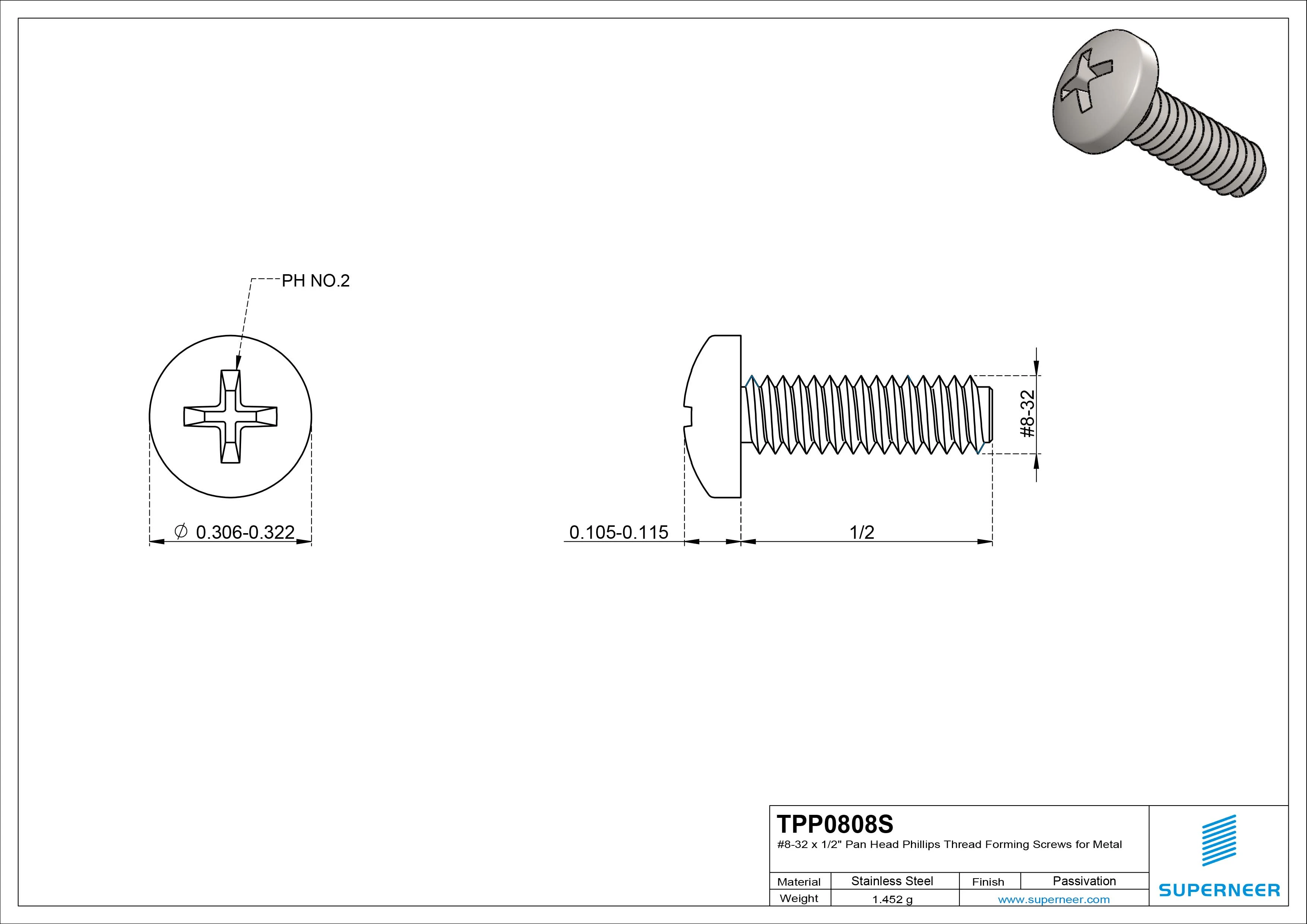 8-32 × 1/2 Pan Head Phillips Thread Forming Screws for Metal SUS304 Stainless Steel Inox