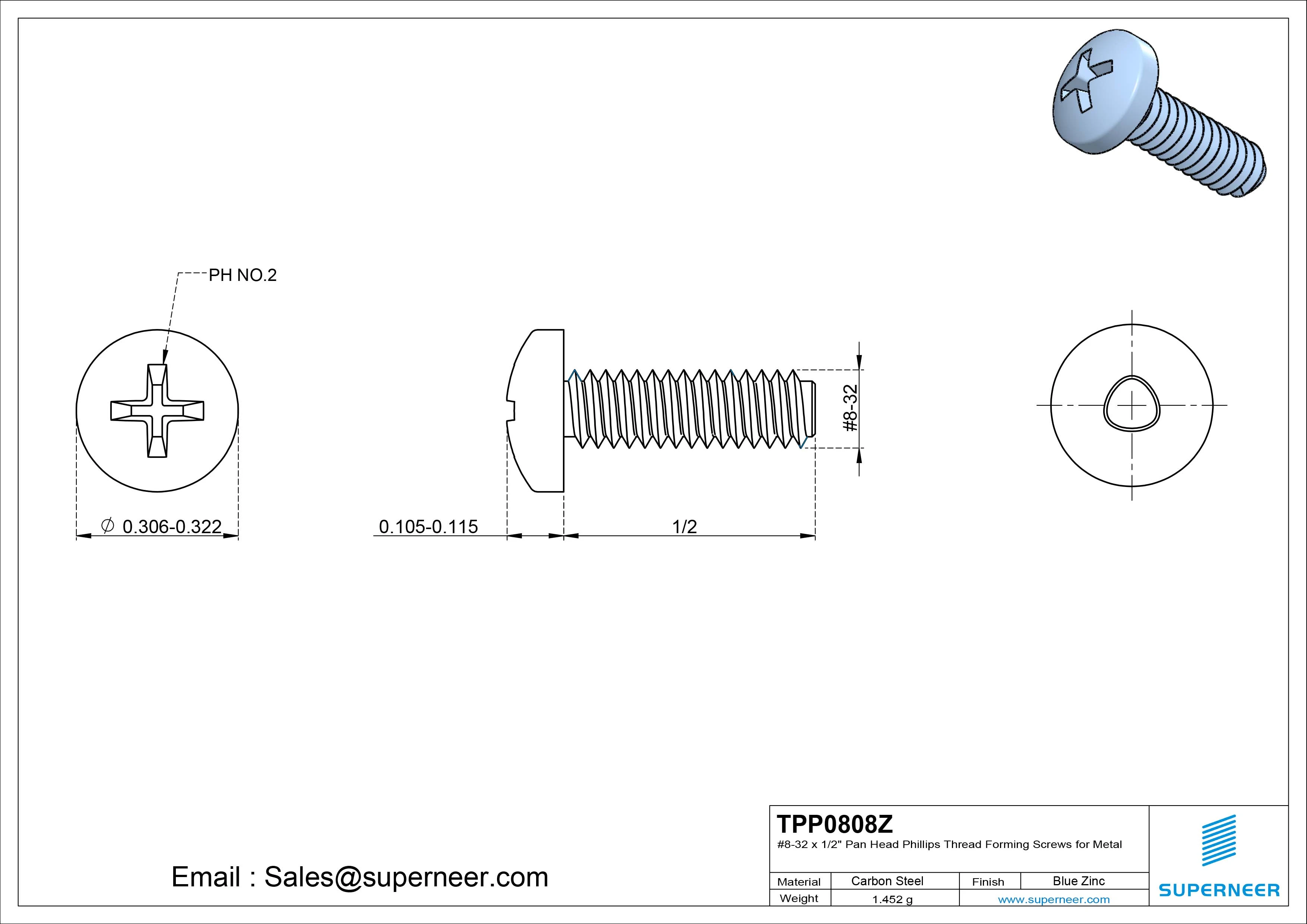 8-32 × 1/2 Pan Head Phillips Thread Forming Screws for Metal Steel Blue Zinc Plated