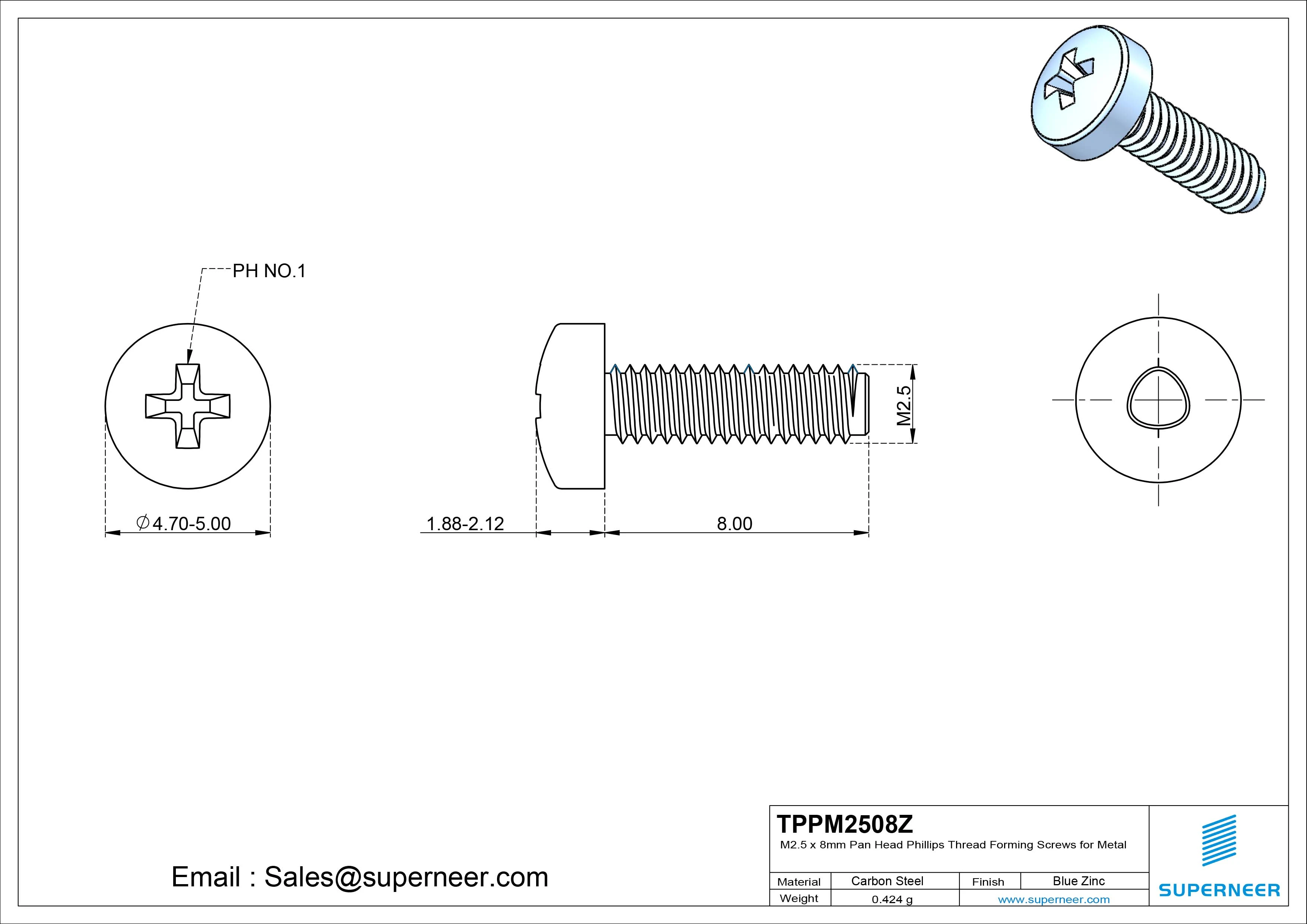 M2.5 × 8mm Pan Head Phillips Thread Forming Screws for Metal Steel Blue Zinc Plated