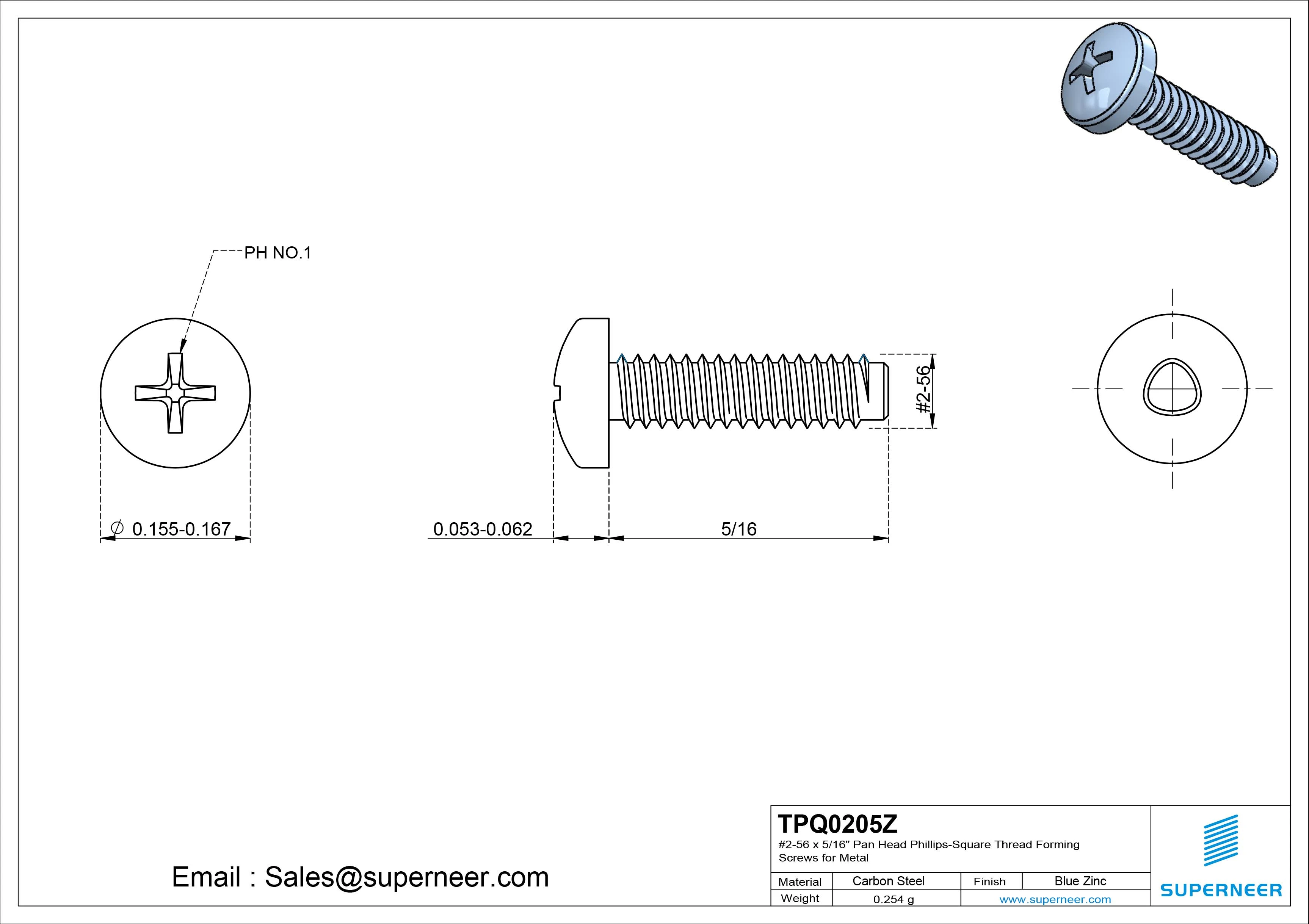 2-56 × 5/16 Pan Head Phillips Square Thread Forming  Screws for Metal  Steel Blue Zinc Plated