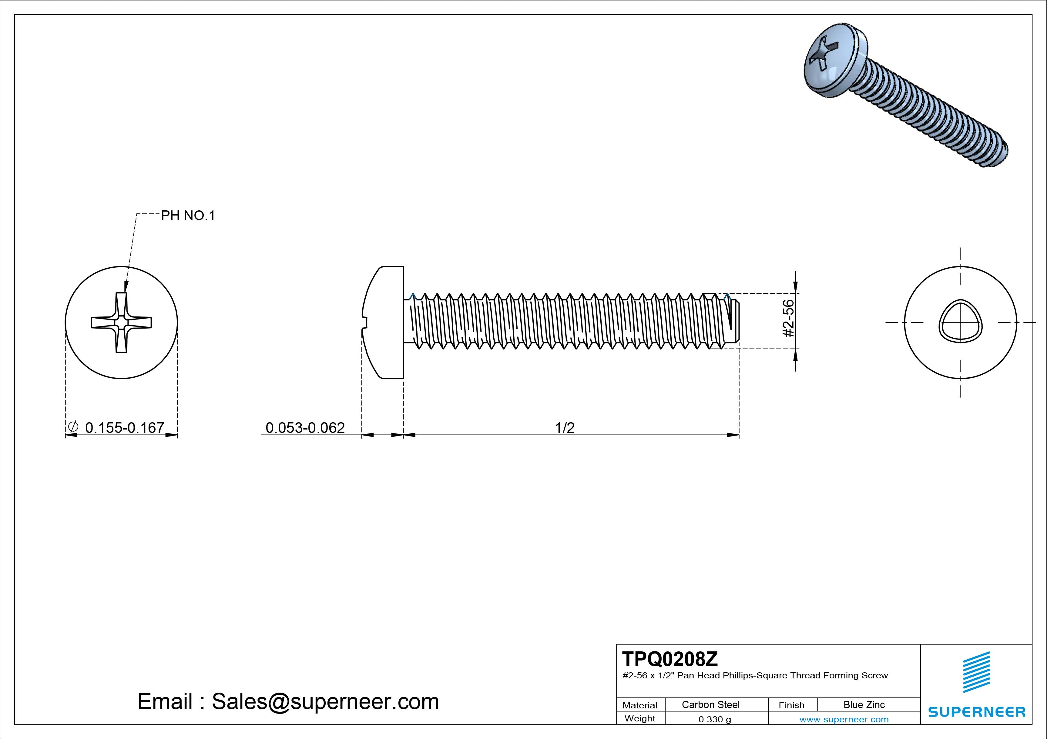 2-56 × 1/2 Pan Head Phillips Square Thread Forming  Screws for Metal  Steel Blue Zinc Plated