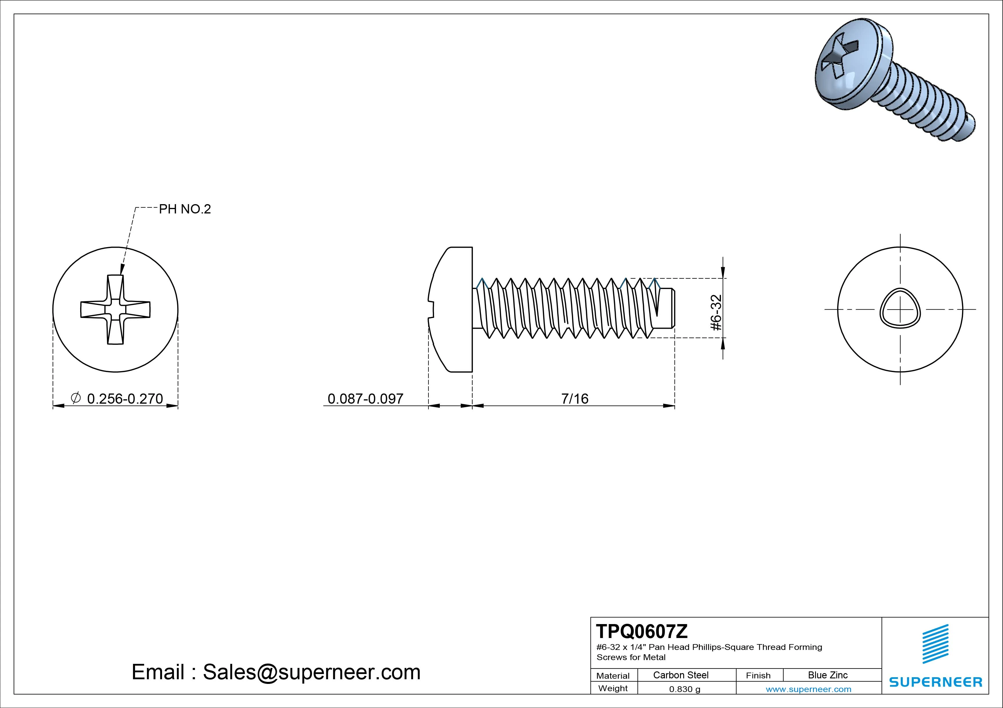 6-32 × 7/16 Pan Head Phillips Square Thread Forming  Screws for Metal  Steel Blue Zinc Plated