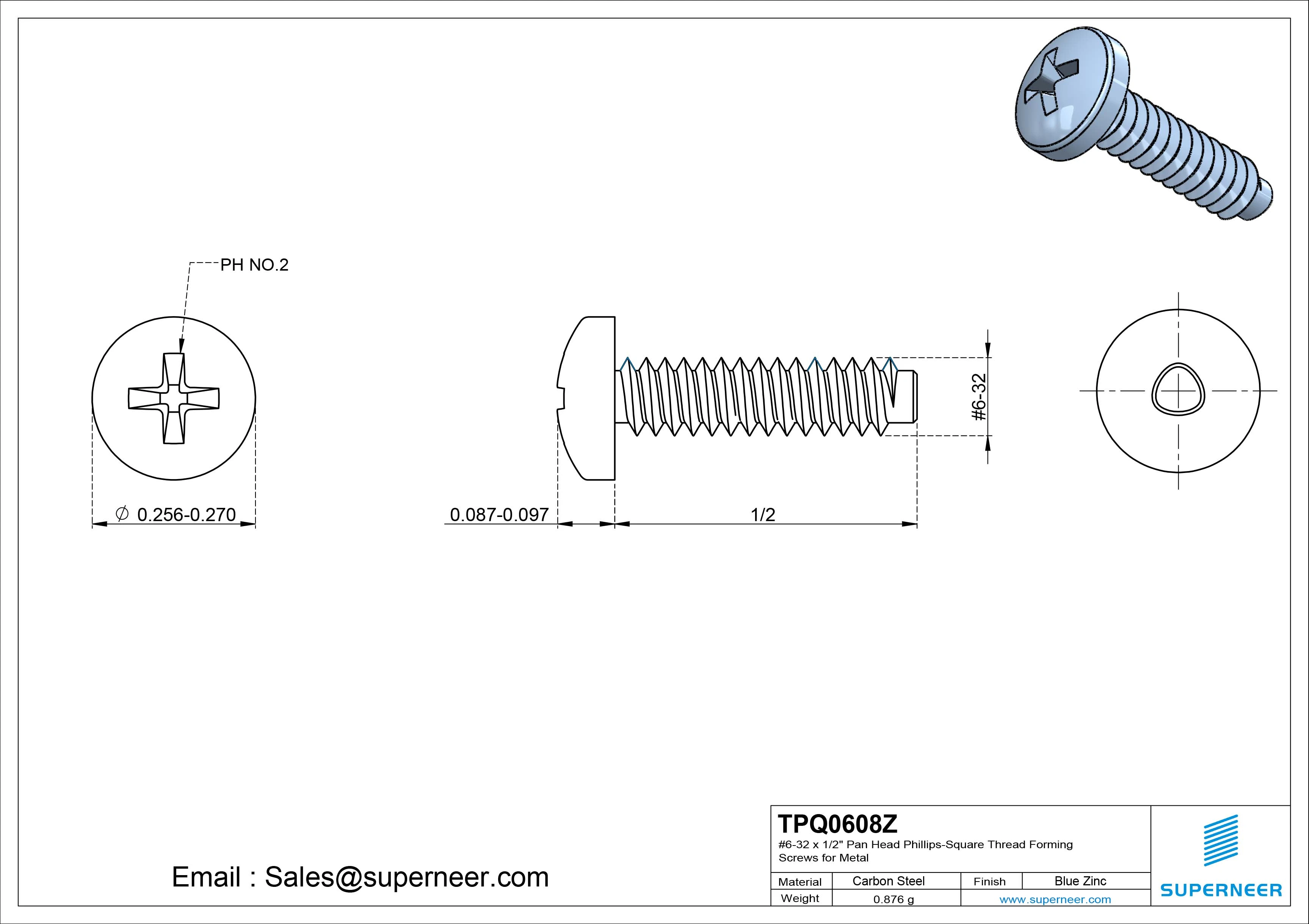 6-32 × 1/2 Pan Head Phillips Square Thread Forming  Screws for Metal  Steel Blue Zinc Plated