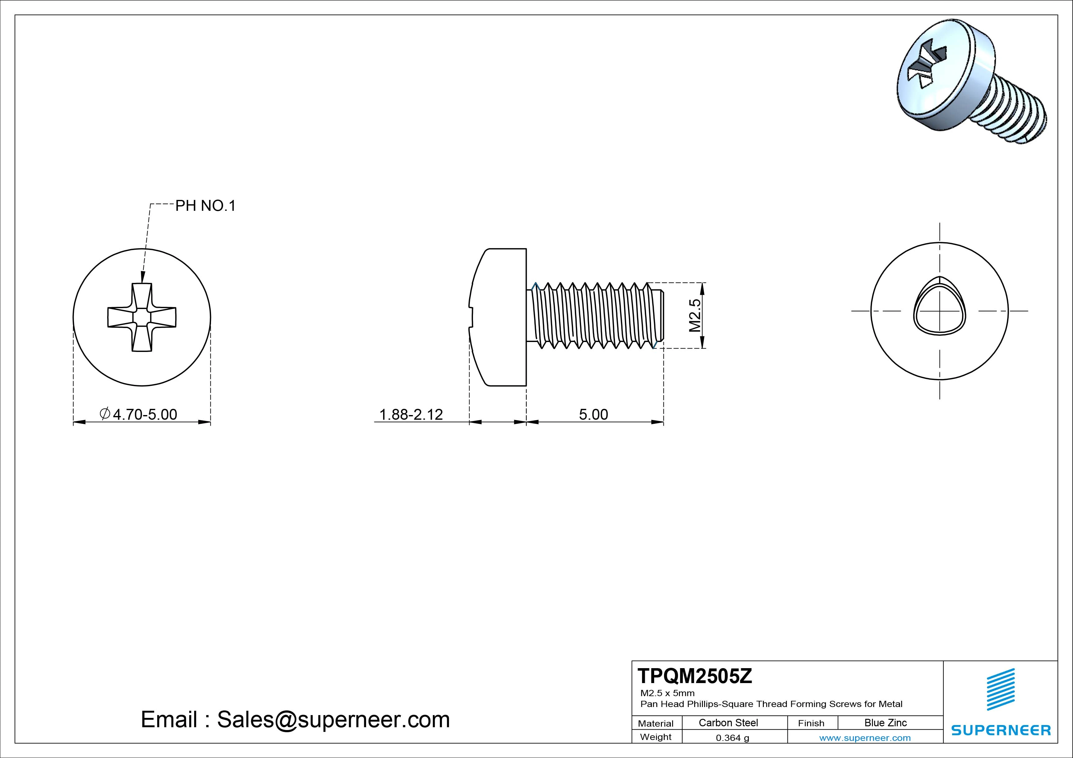 M2.5 × 5mm Pan Head Phillips-Square Thread Forming Screws for Metal Steel Blue Zinc Plated