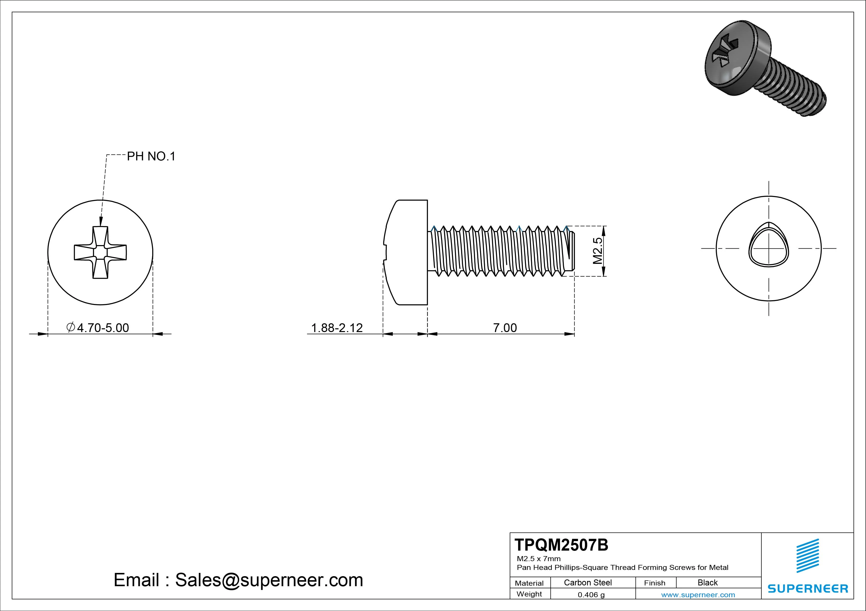 M2.5 × 7mm Pan Head Phillips-Square Thread Forming Screws for Metal Steel Black
