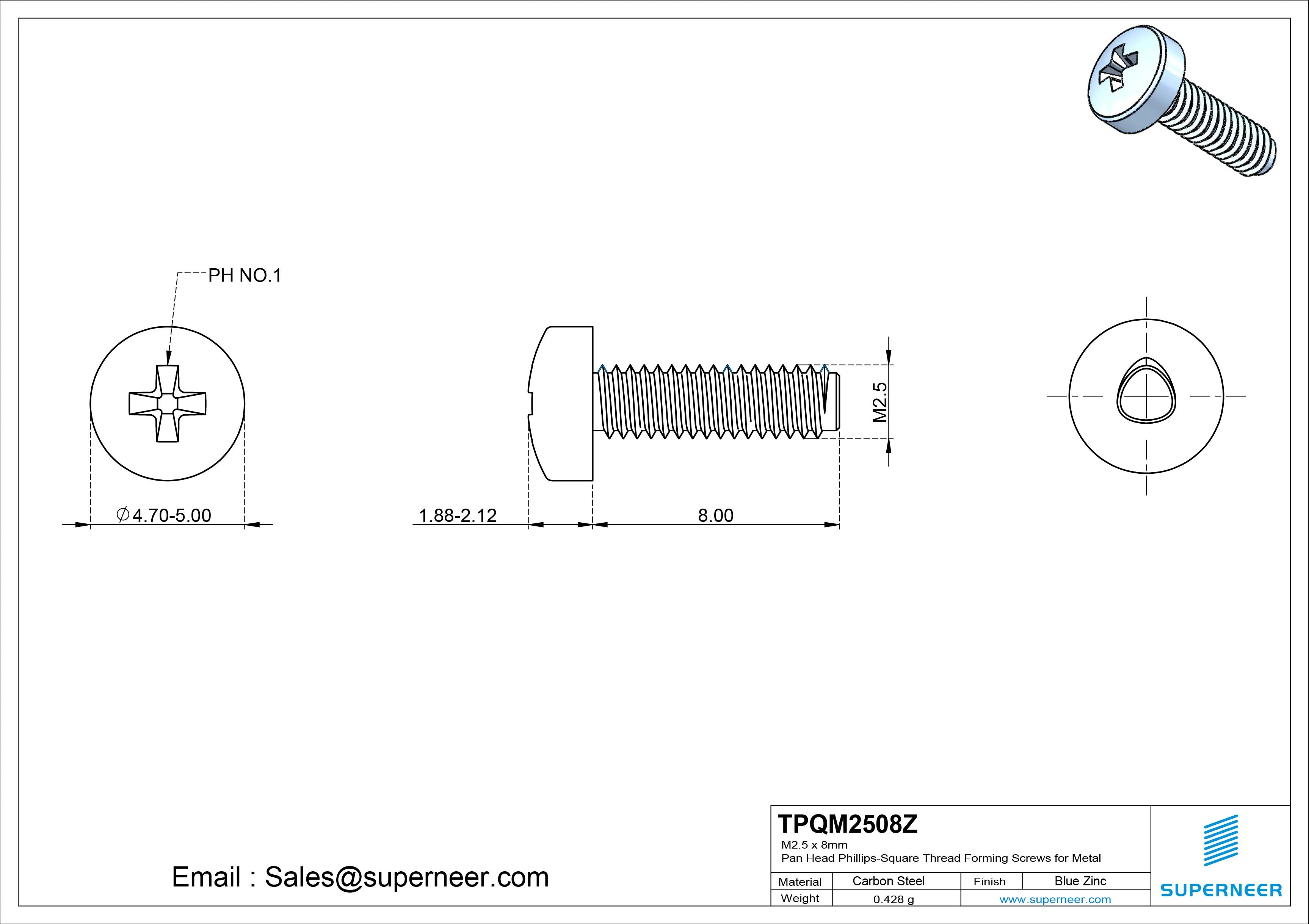 M2.5 × 8mm Pan Head Phillips-Square Thread Forming Screws for Metal Steel Blue Zinc Plated