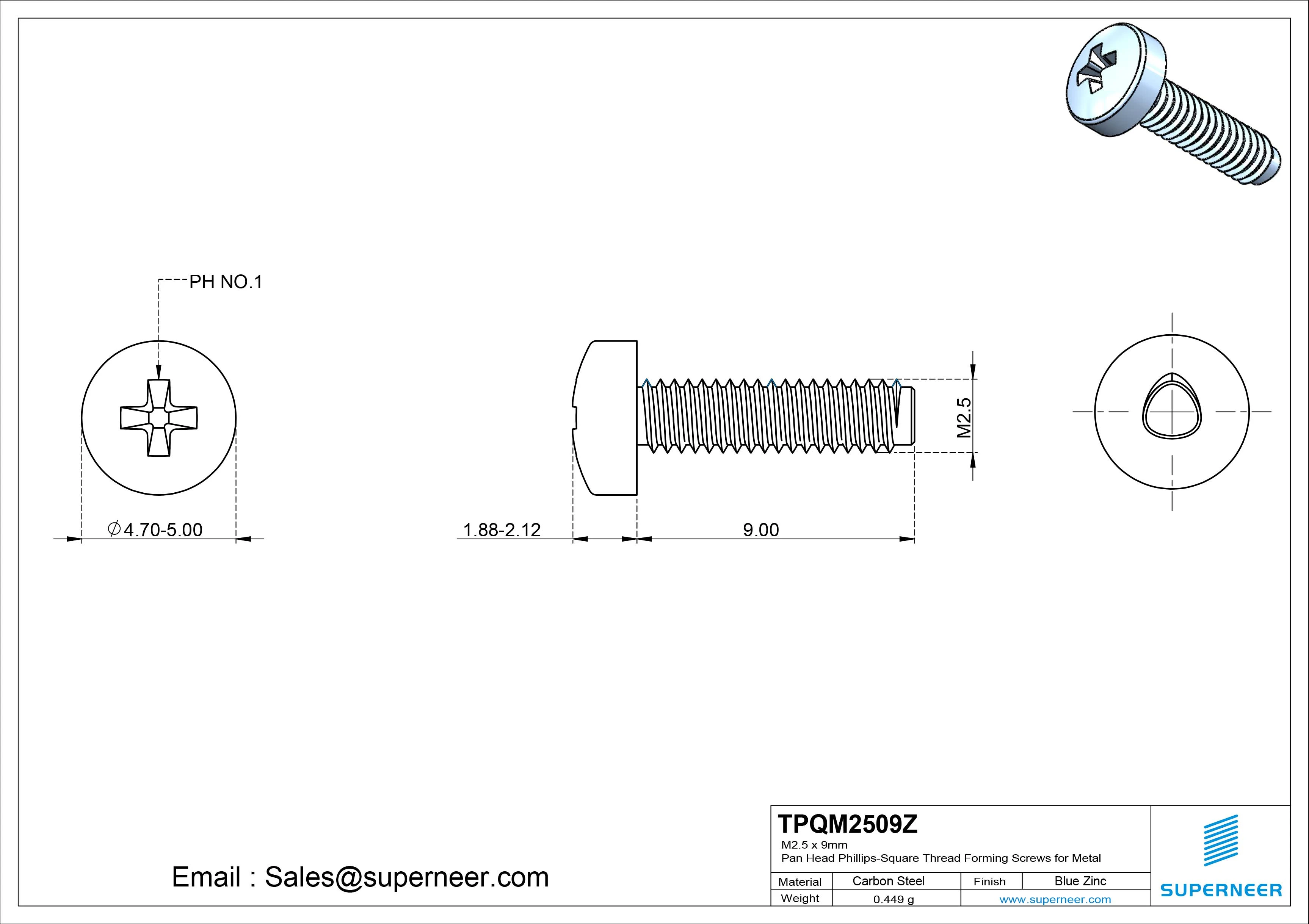 M2.5 × 9mm Pan Head Phillips-Square Thread Forming Screws for Metal Steel Blue Zinc Plated
