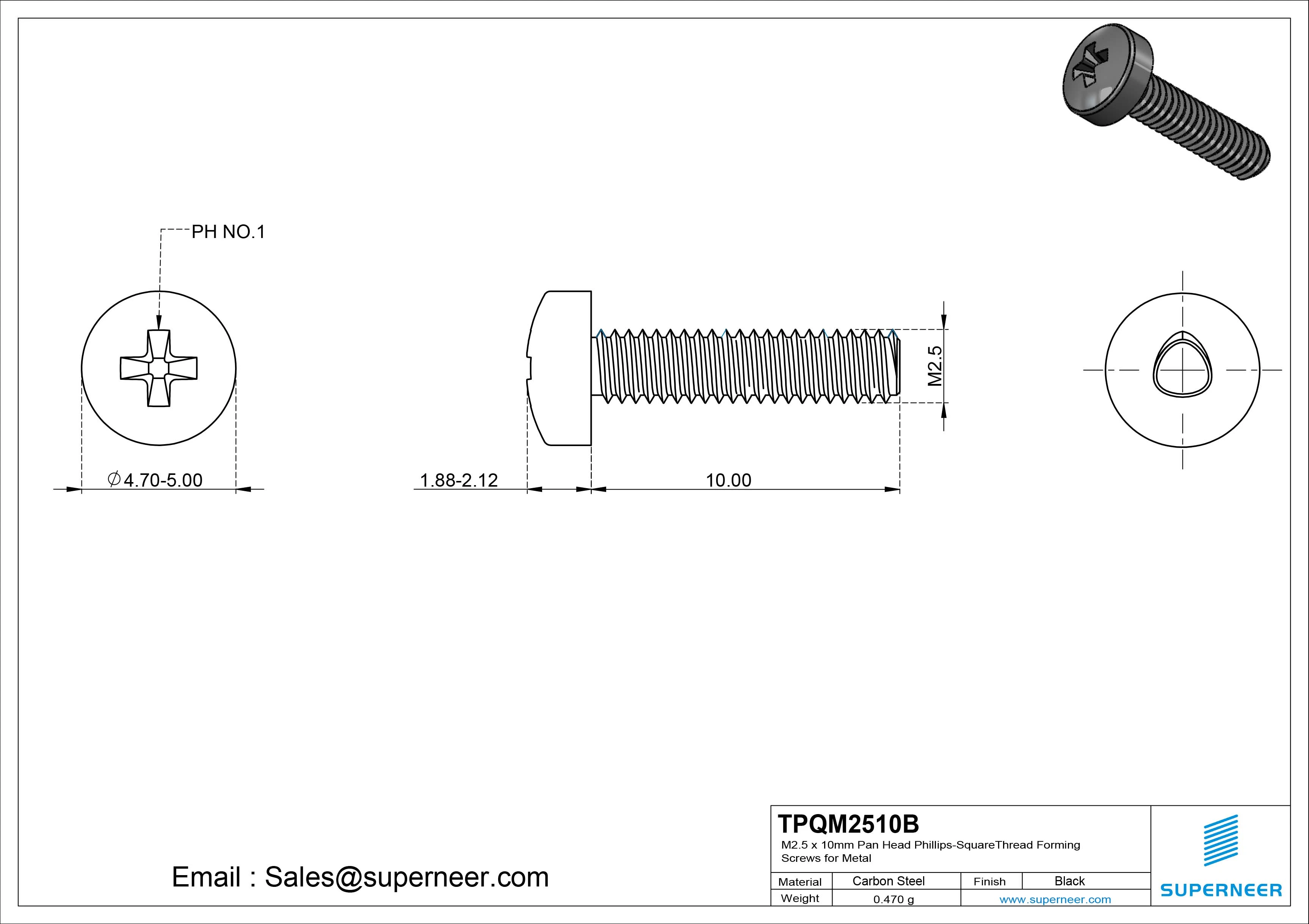 M2.5 × 10mm Pan Head Phillips-Square Thread Forming Screws for Metal Steel Black