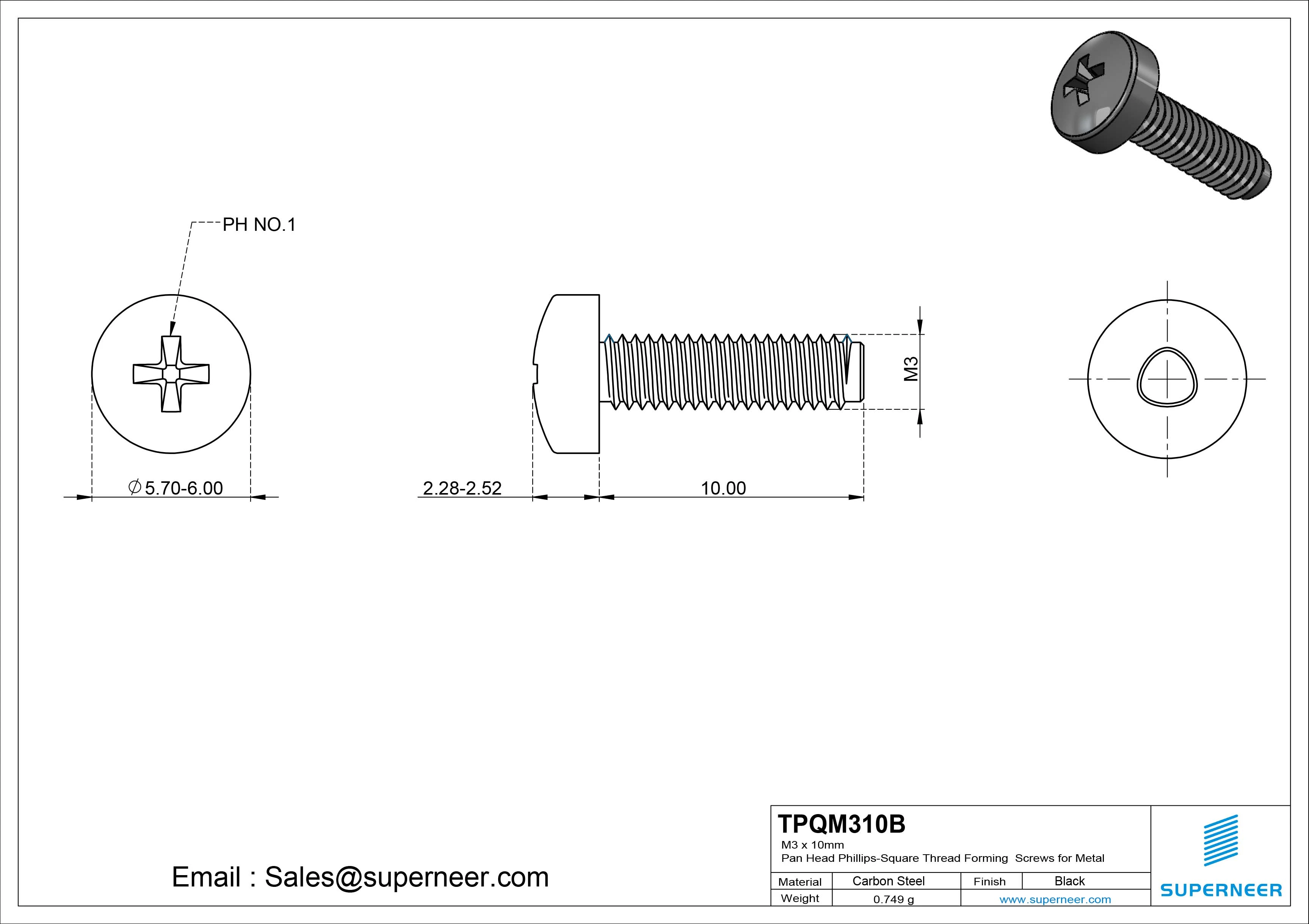 M3 × 10mm Pan Head Phillips-Square Thread Forming Screws for Metal Steel Black