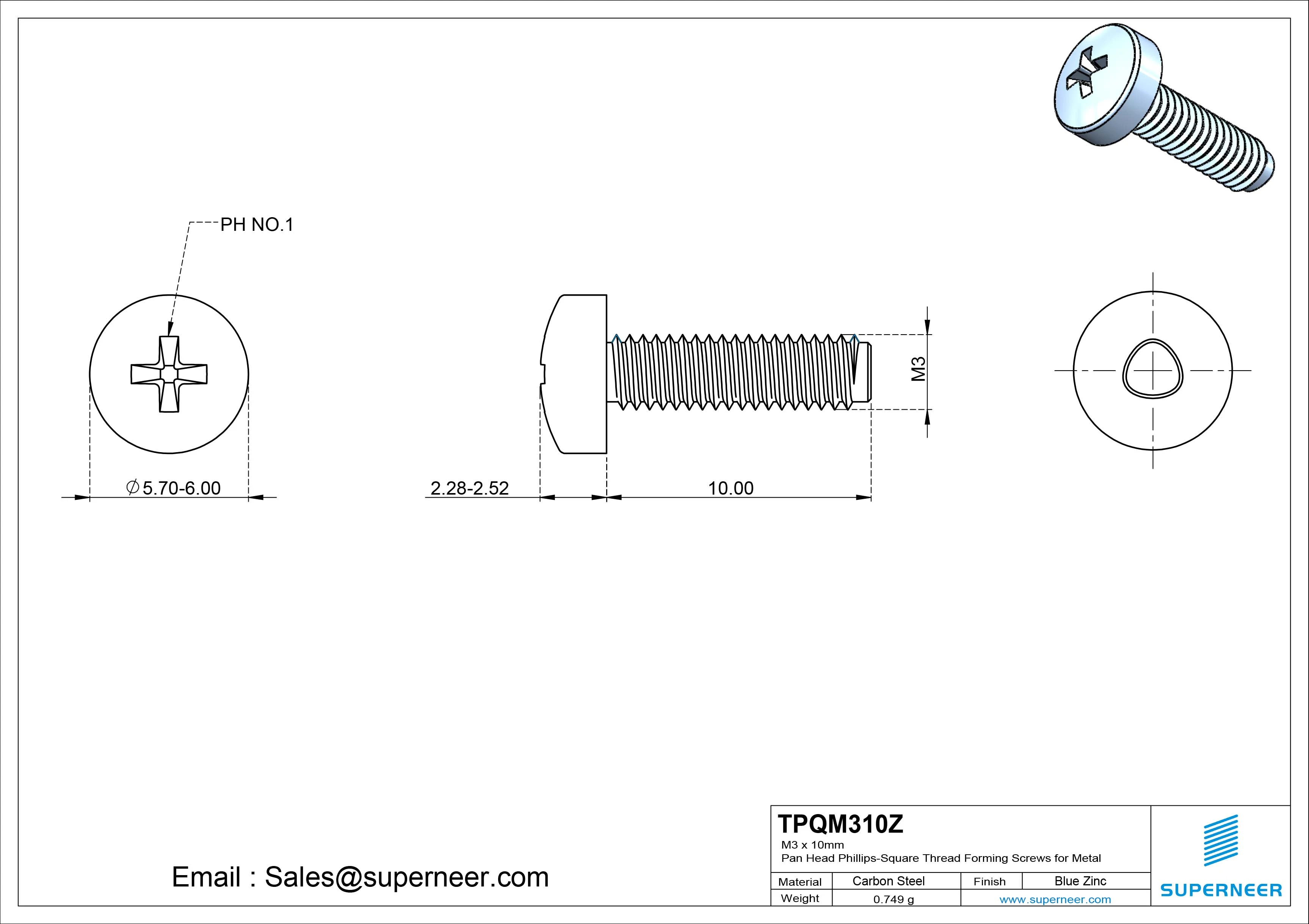 M3 × 10mm Pan Head Phillips-Square Thread Forming Screws for Metal Steel Blue Zinc Plated