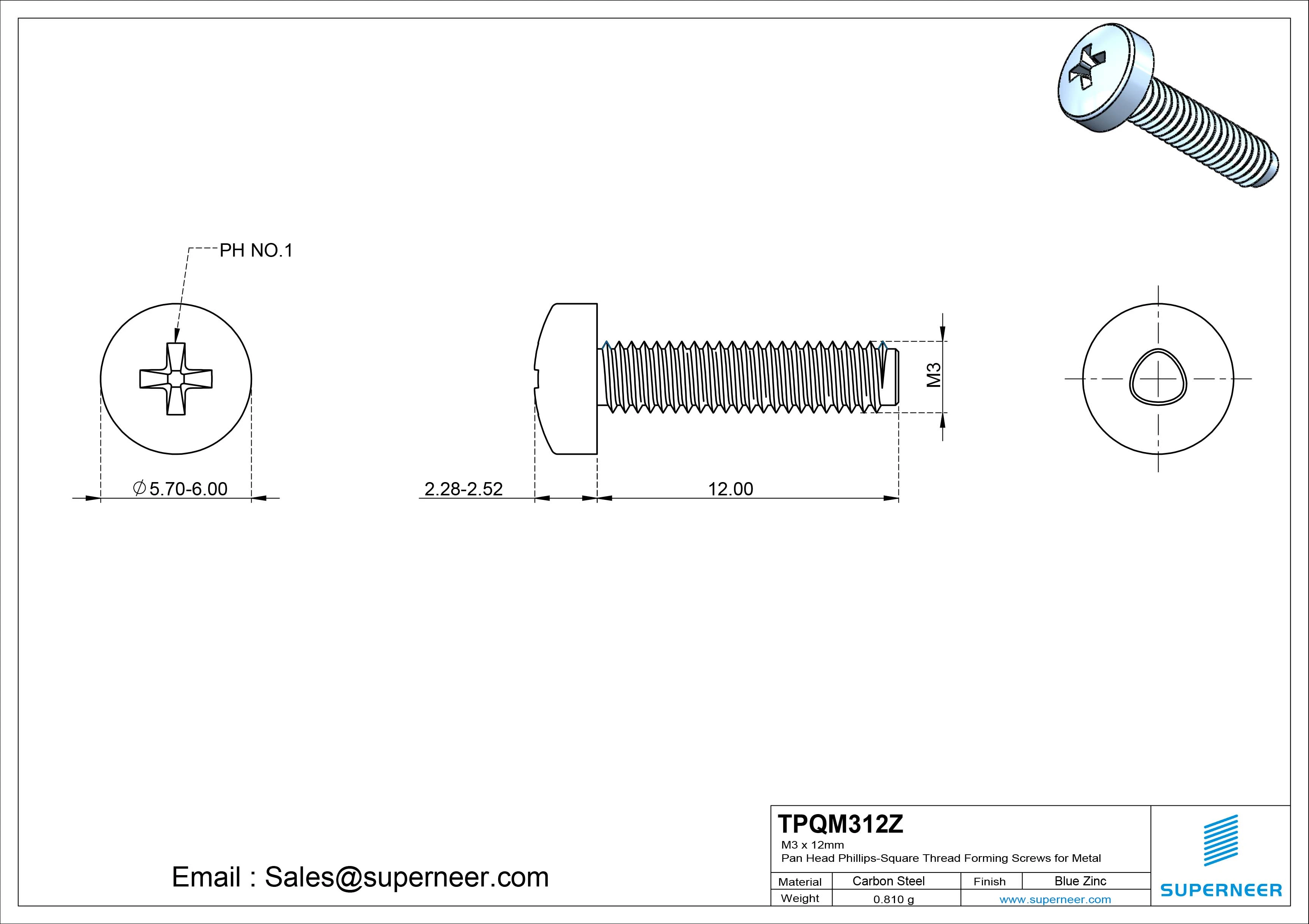 M3 × 12mm Pan Head Phillips-Square Thread Forming Screws for Metal Steel Blue Zinc Plated