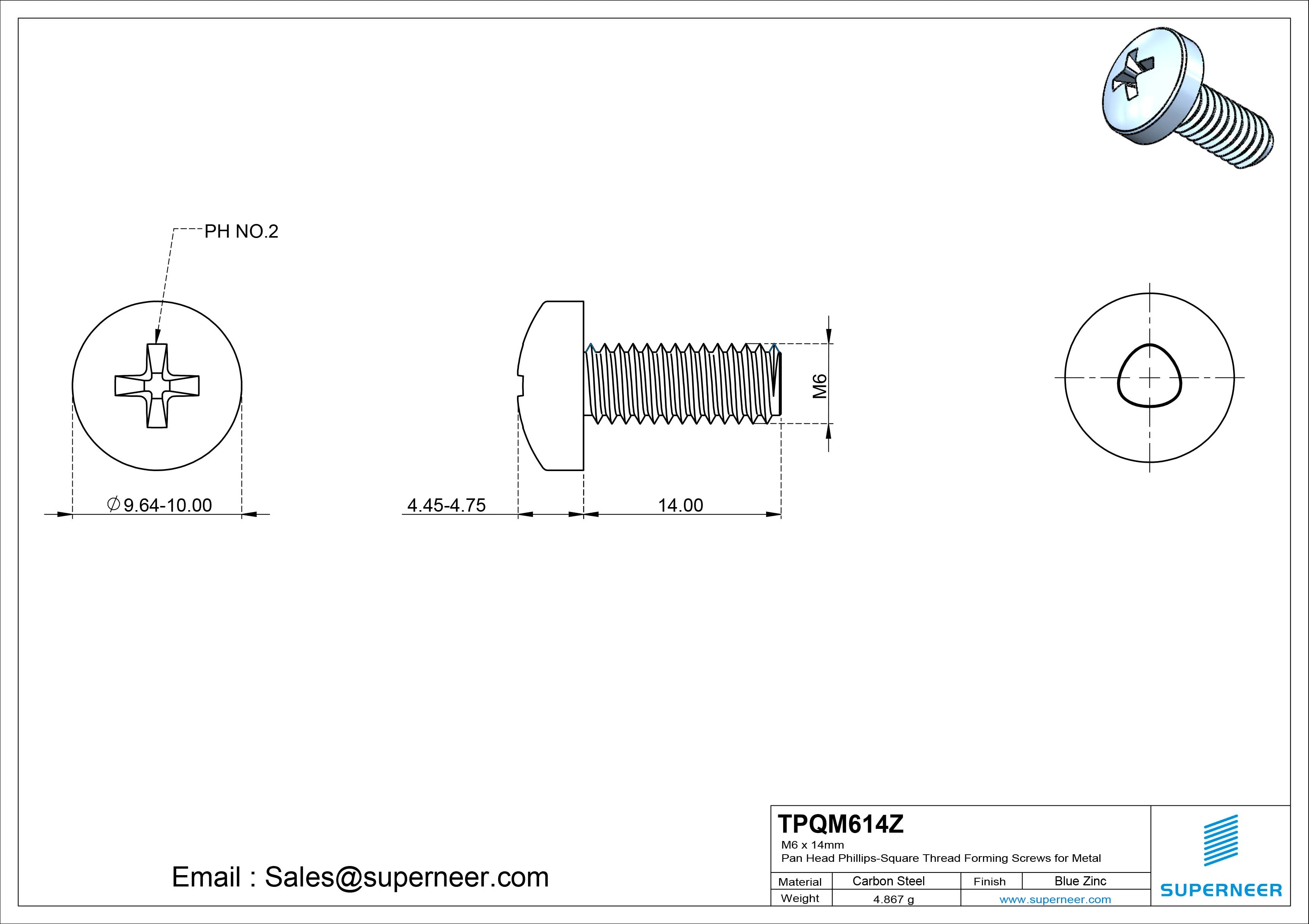 M6 × 14mm Pan Head Phillips-Square Thread Forming Screws for Metal Steel Blue Zinc Plated