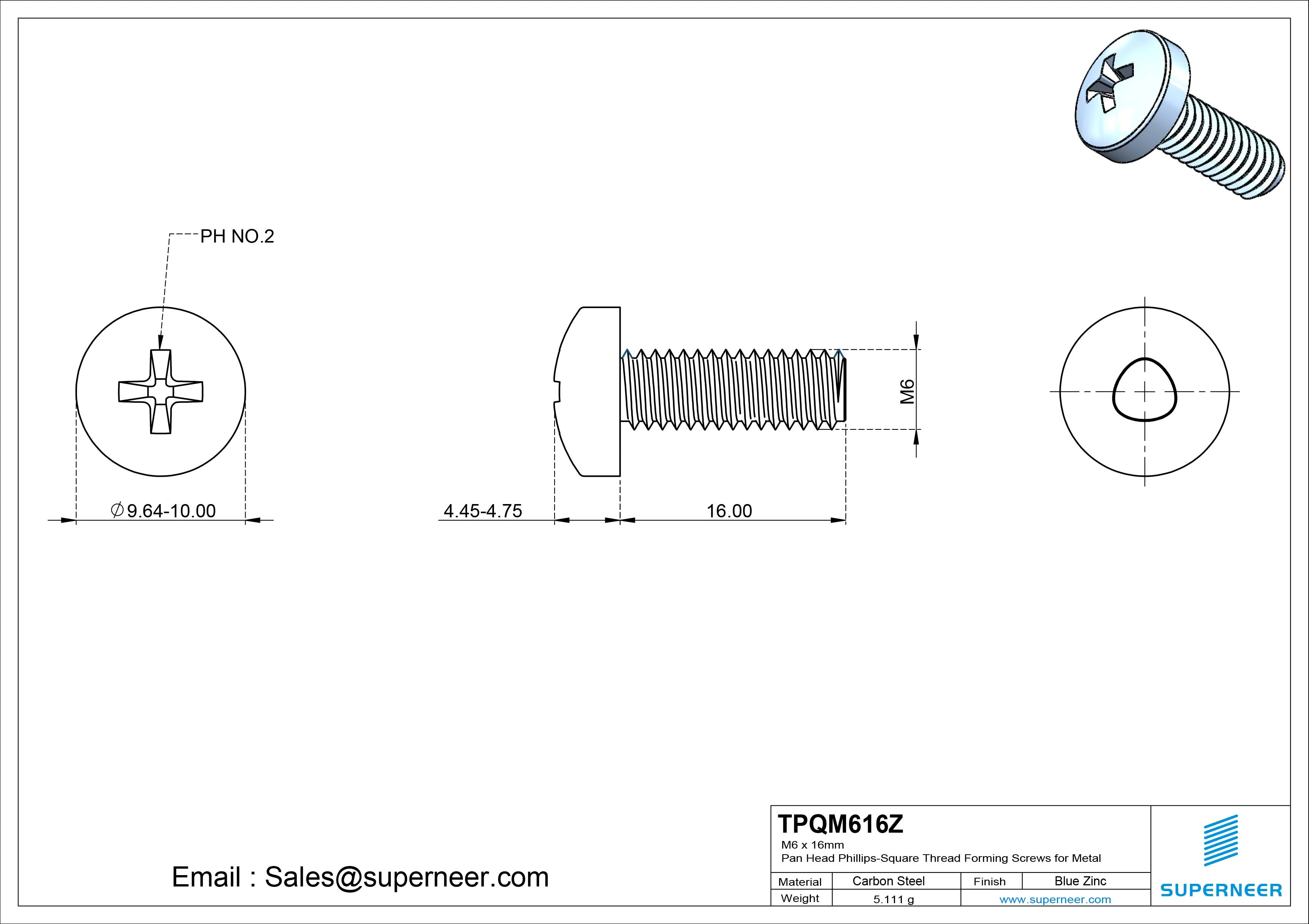 M6 × 16mm Pan Head Phillips-Square Thread Forming Screws for Metal Steel Blue Zinc Plated