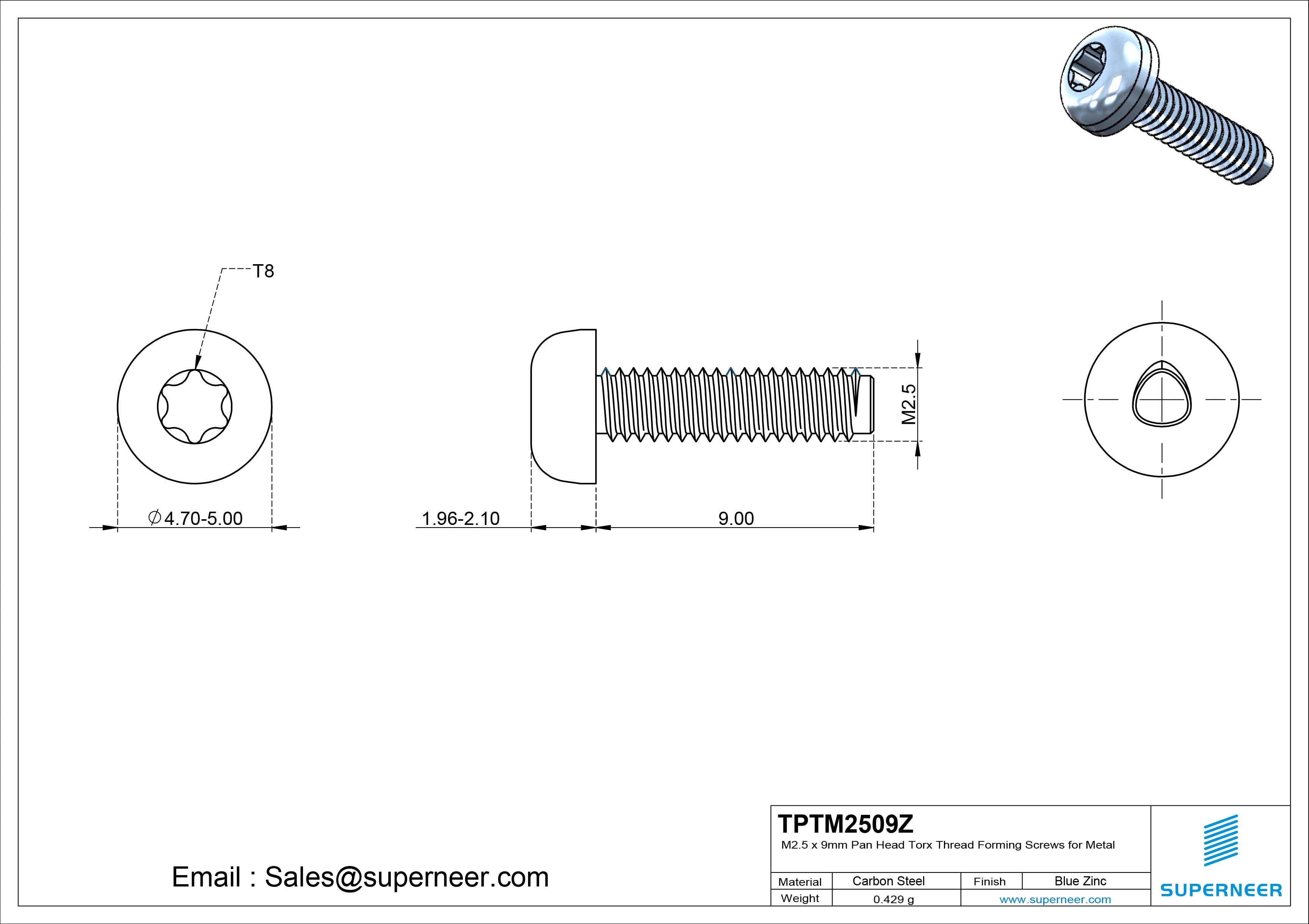 M2.5 × 9mm Pan Head Torx Thread Rolling Screws for Metal Steel Blue Zinc Plated