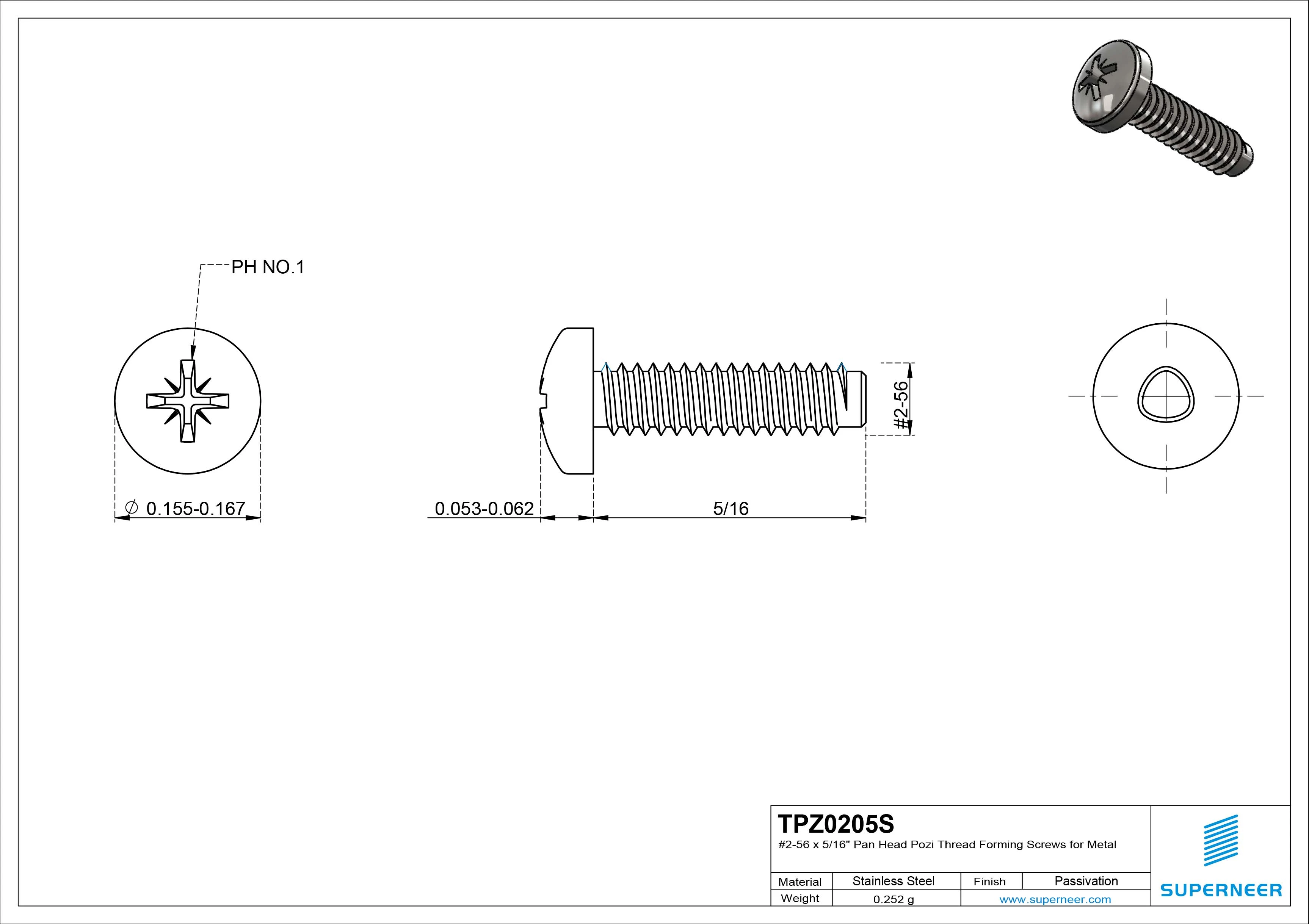 2-56 × 5/16 Pan Head Pozi Thread Forming  Screws for Metal  SUS304 Stainless Steel Inox