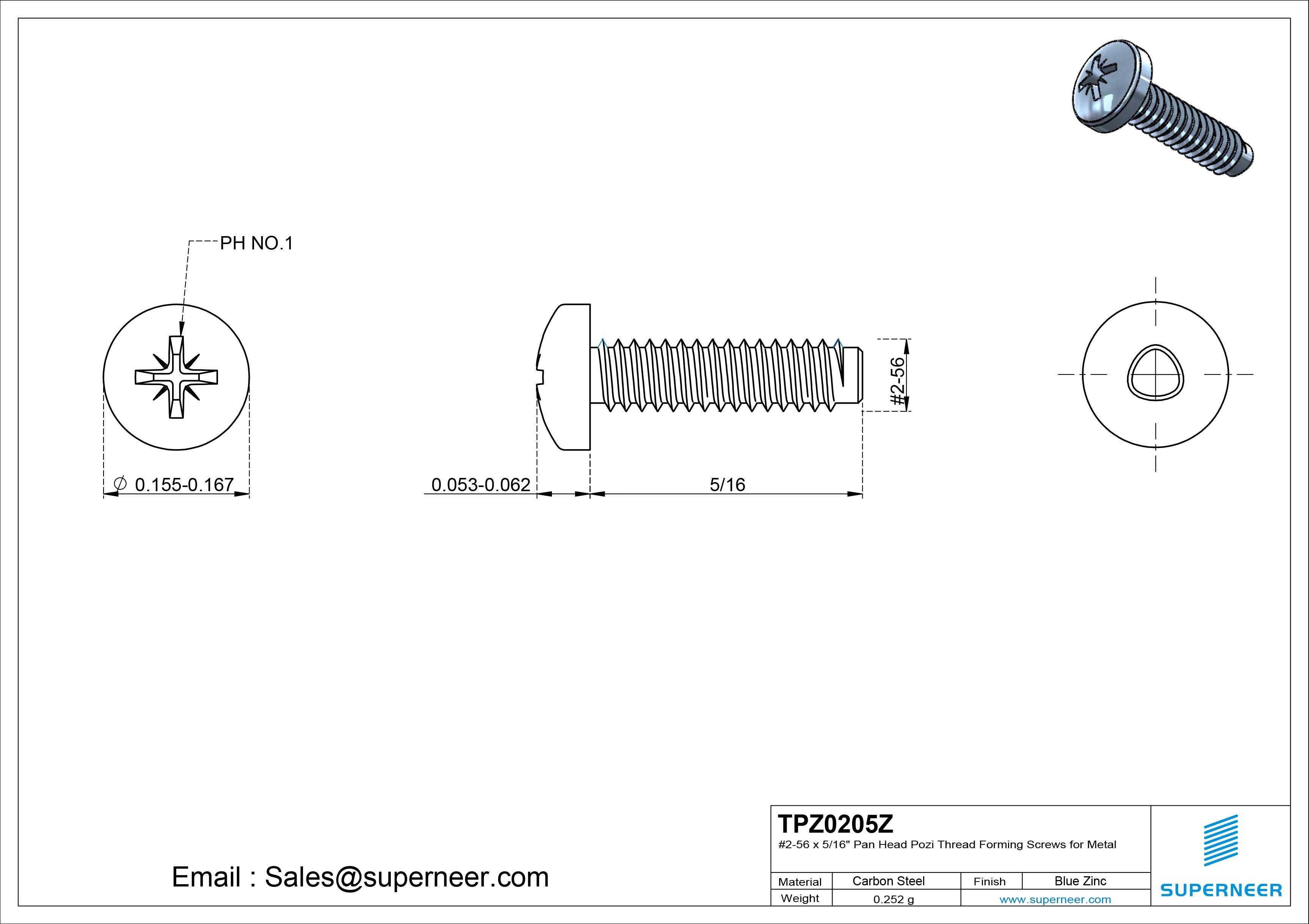 2-56 × 5/16 Pan Head Pozi Thread Forming  Screws for Metal  Steel Blue Zinc Plated