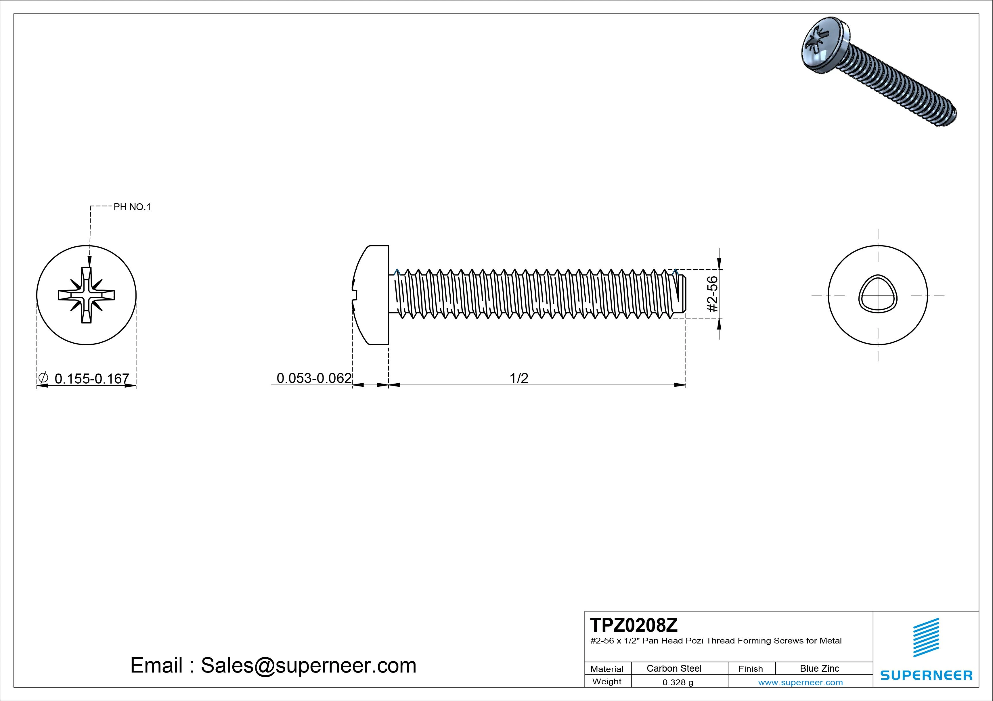 2-56 × 1/2 Pan Head Pozi Thread Forming  Screws for Metal  Steel Blue Zinc Plated