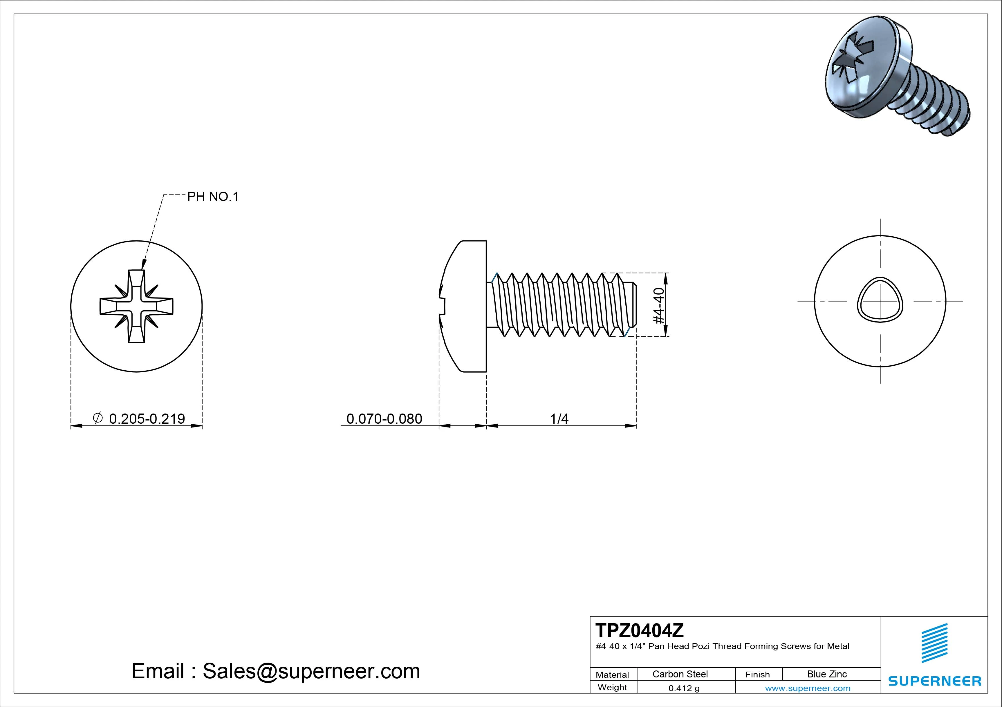 4-40 × 1/4 Pan Head Pozi Thread Forming  Screws for Metal  Steel Blue Zinc Plated