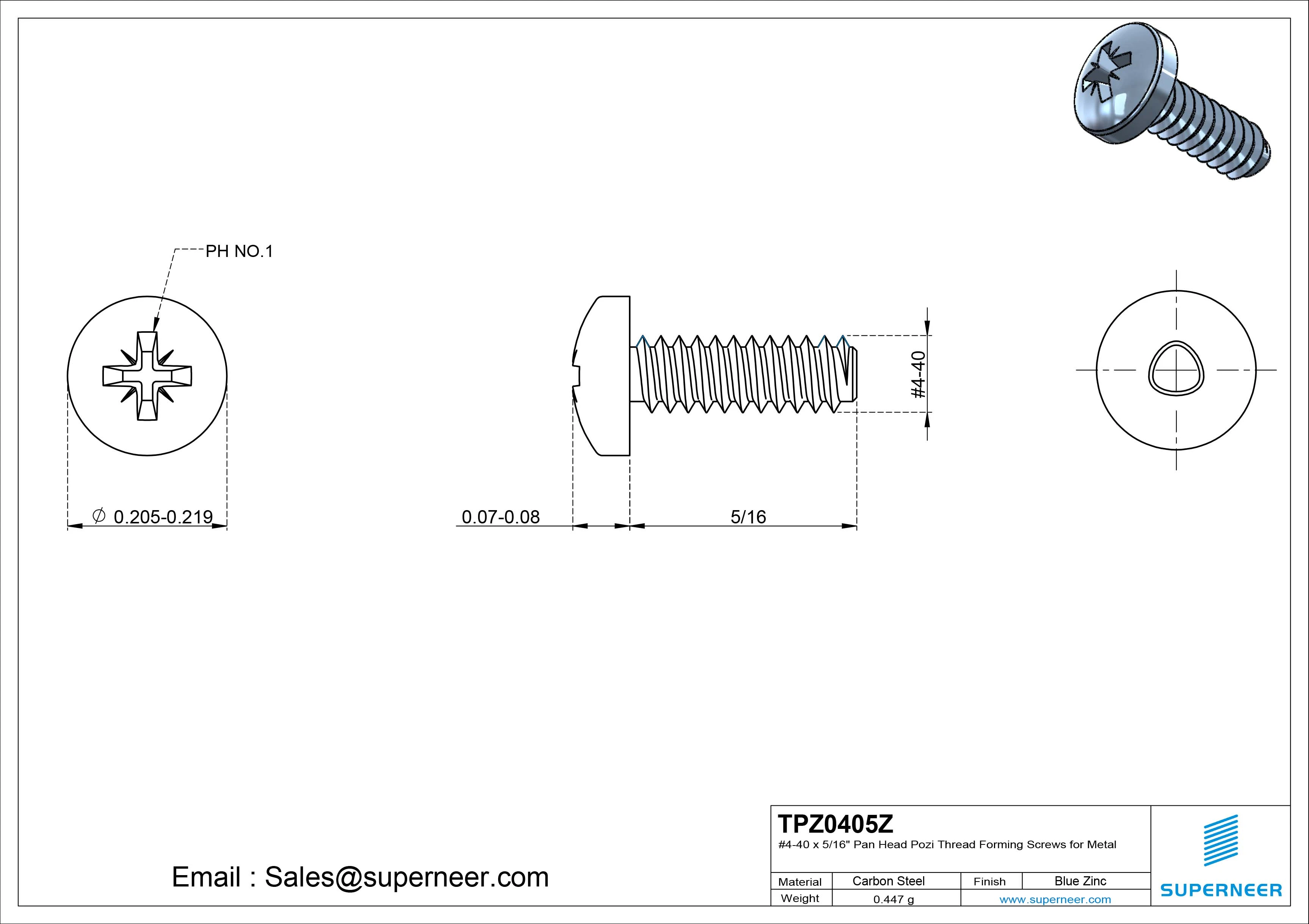 4-40 × 5/16 Pan Head Pozi Thread Forming  Screws for Metal  Steel Blue Zinc Plated