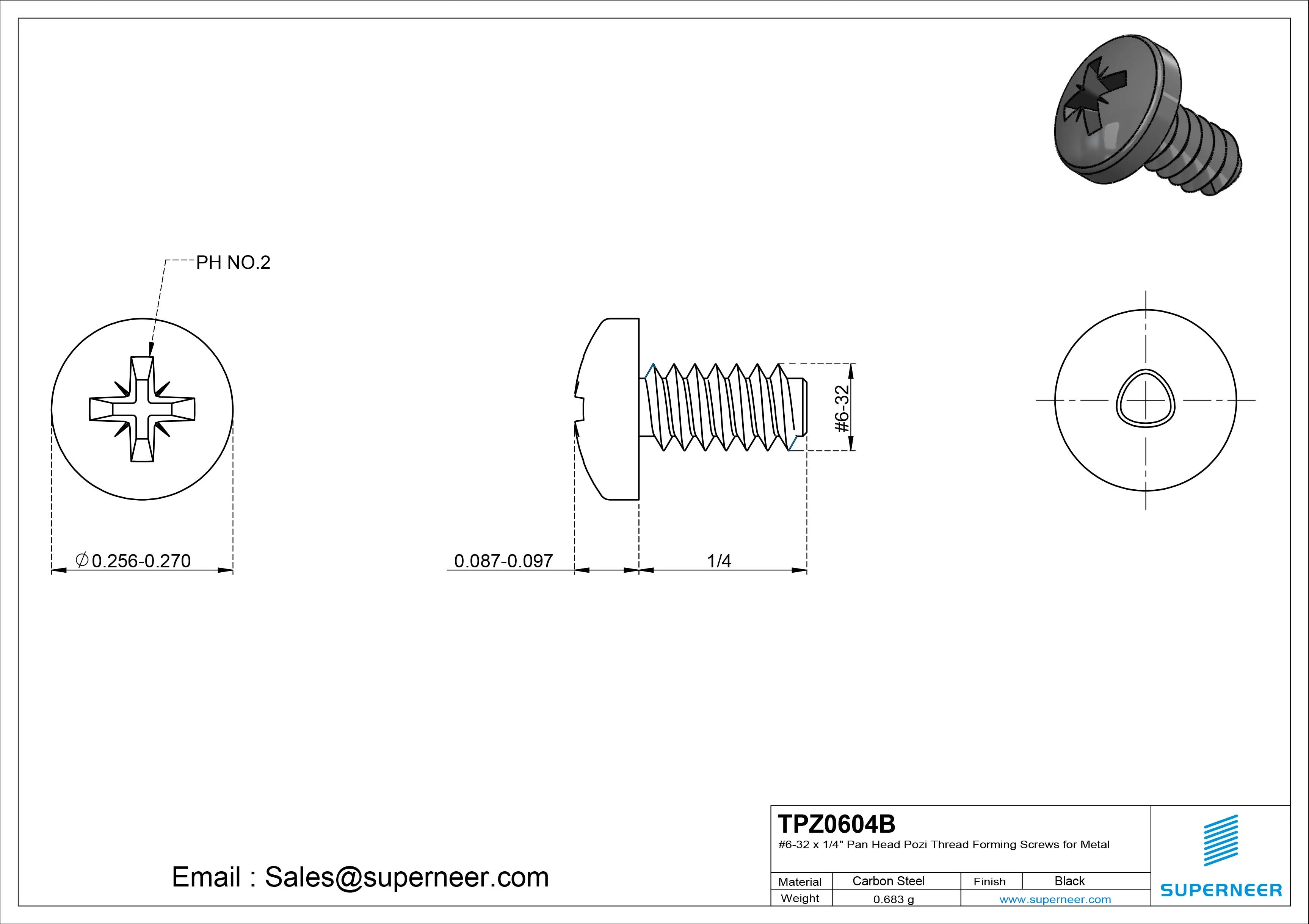 6-32 × 1/4 Pan Head Pozi Thread Forming  Screws for Metal  Steel Black